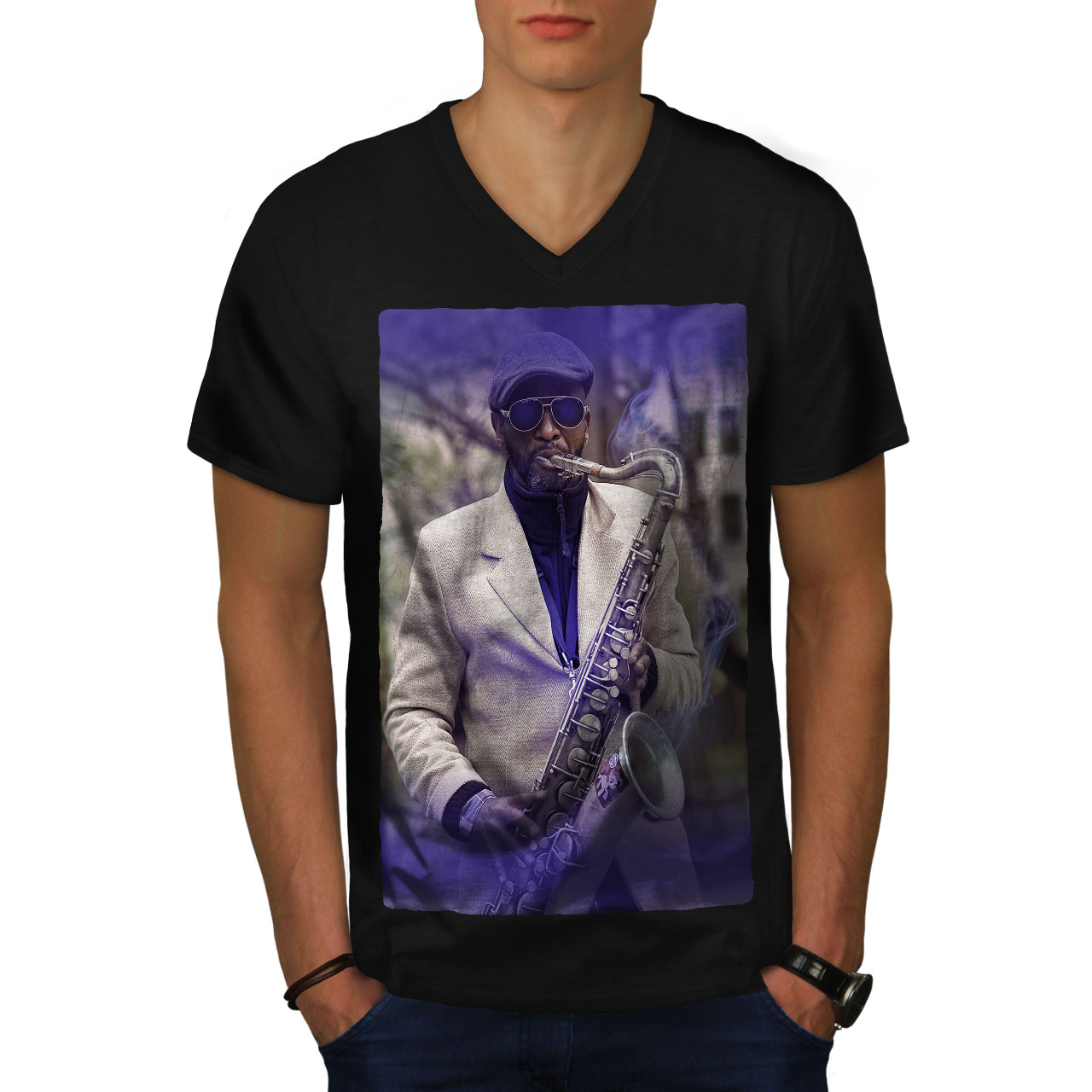 Saxophone Musician Music Men V-Neck T-shirt NEW | Wellcoda