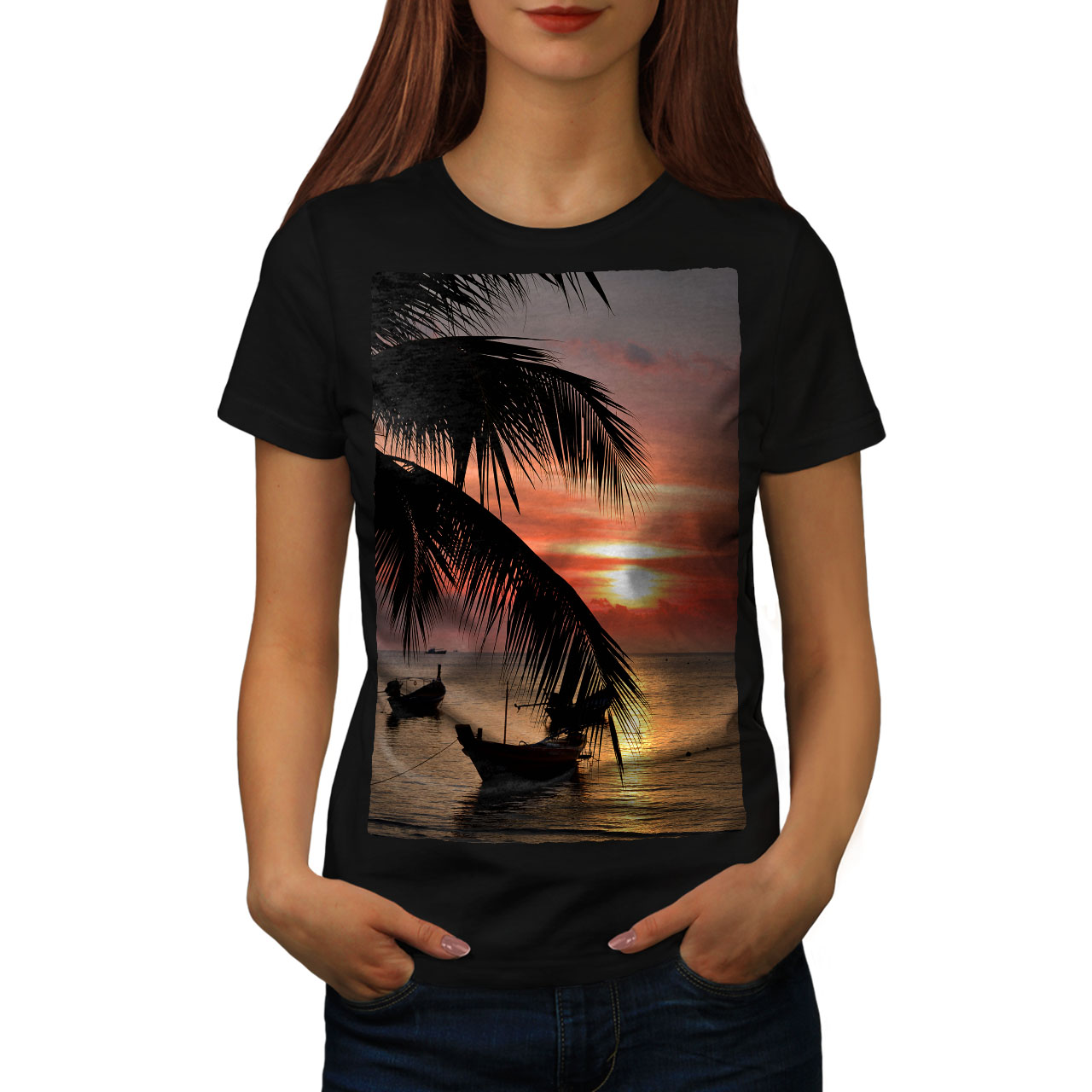 Wellcoda Sunset Palm Tree Womens T-shirt, Ocean Beach Casual Design ...
