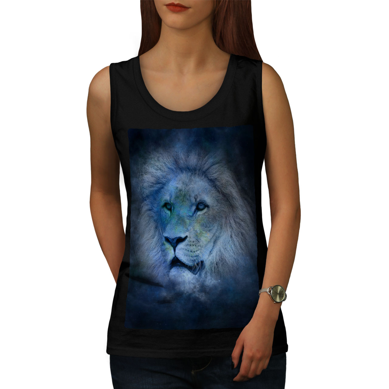 Wellcoda Lion Cat Face Art Womens V-Neck T-shirt Ruler Graphic Design Tee