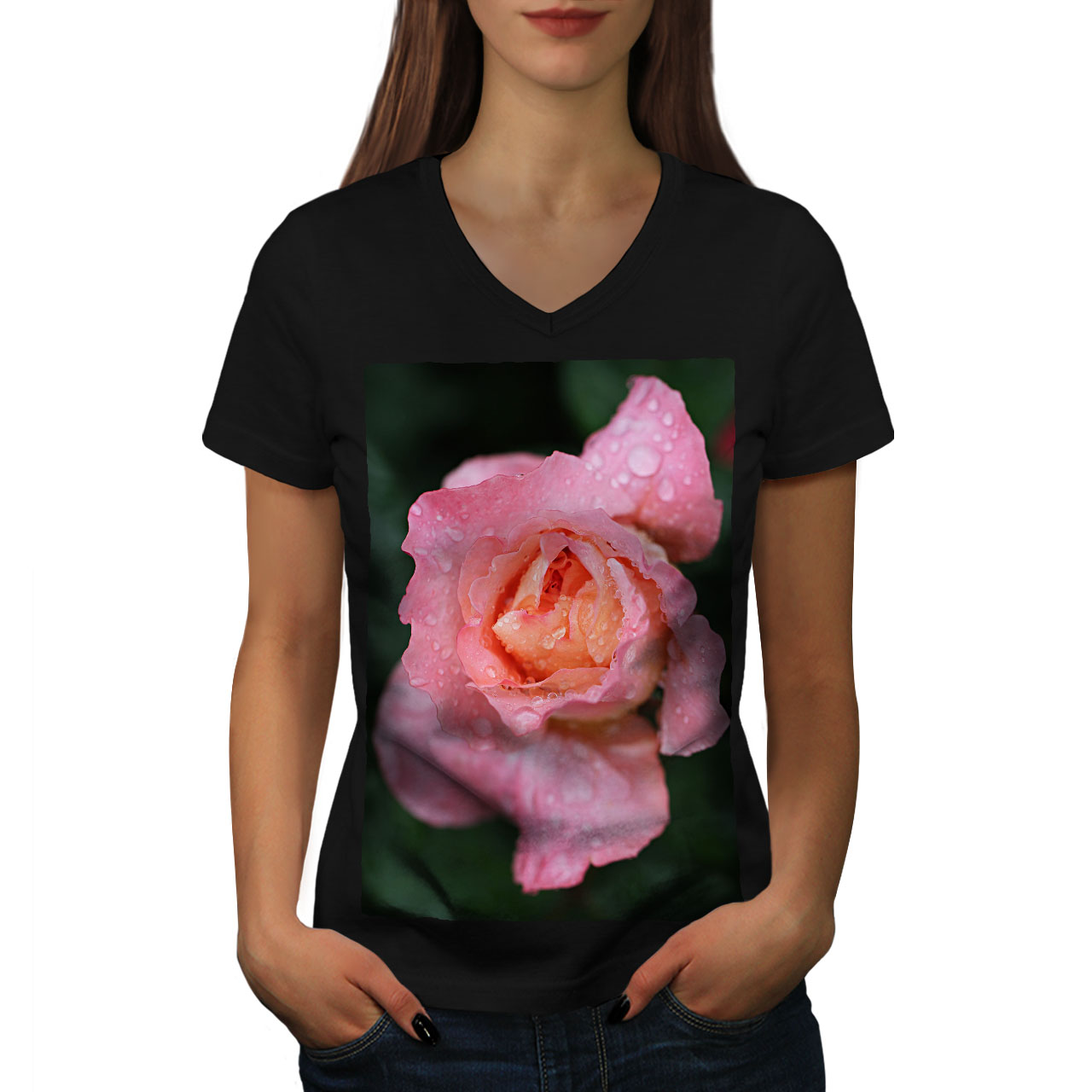 Wellcoda Rose Flower Photo Womens V-Neck T-shirt, After Graphic