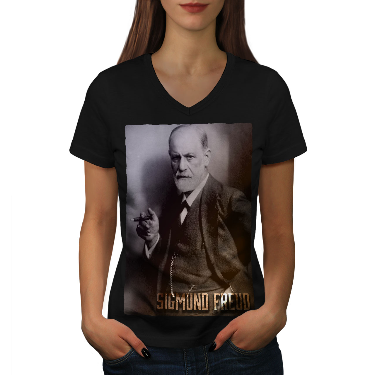 Wellcoda Sigmund Freud Womens V-Neck T-shirt, Psychoanalysis Graphic ...