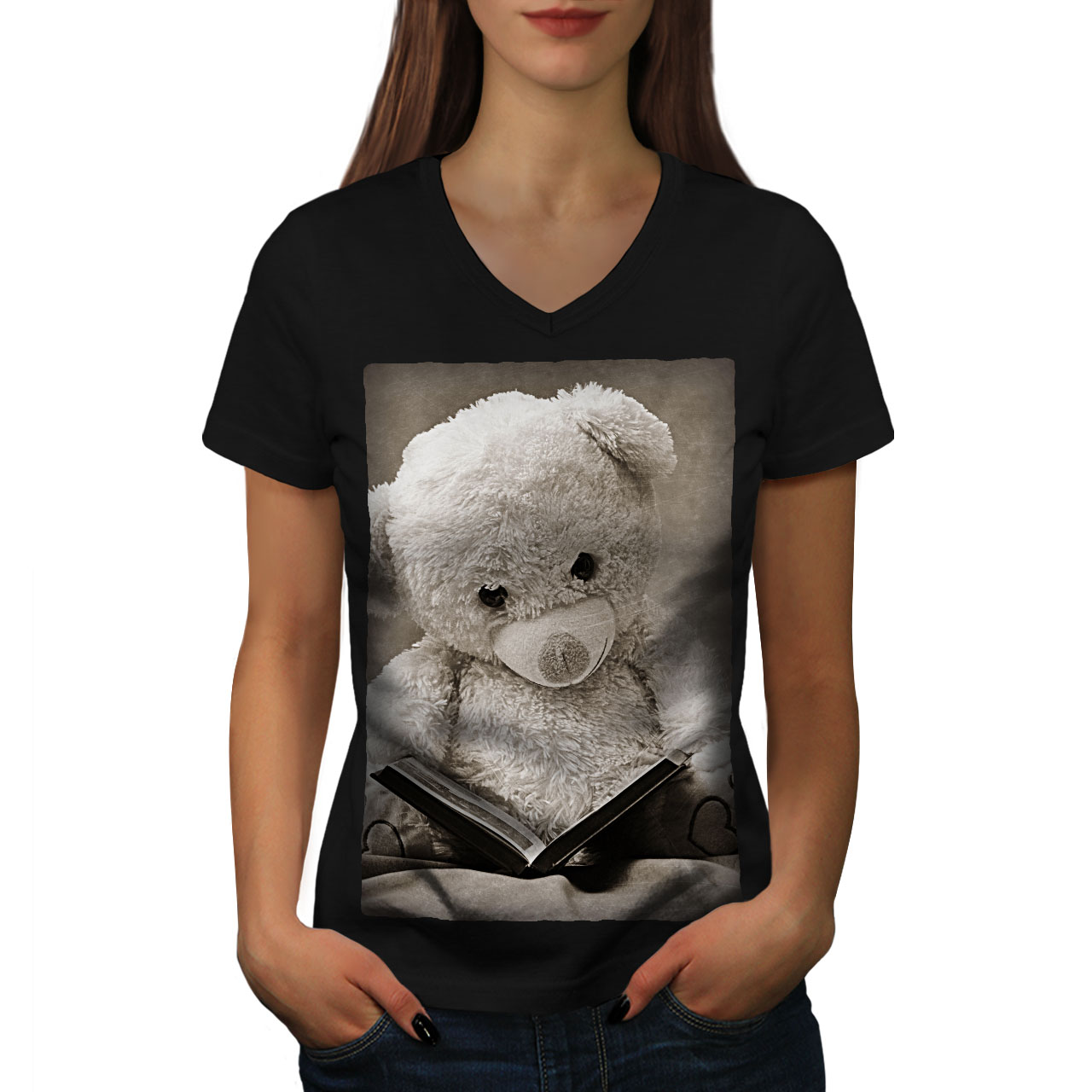 Book Graphic Design Tee Wellcoda Fairytale Teddy Bear Womens V-Neck T-shirt