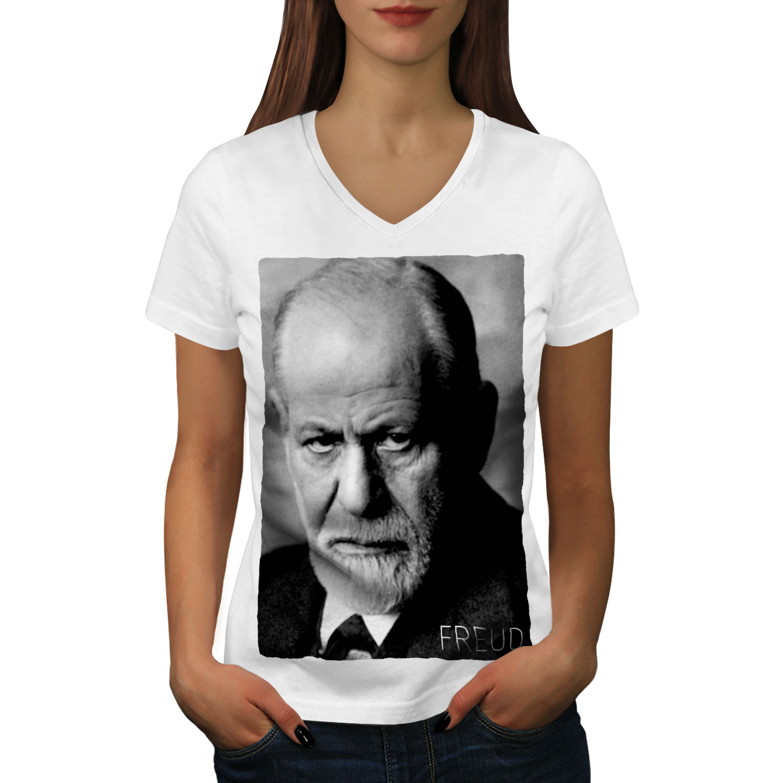 Wellcoda Sigmund Freud Art Womens V-Neck T-shirt, Famous Men Graphic ...
