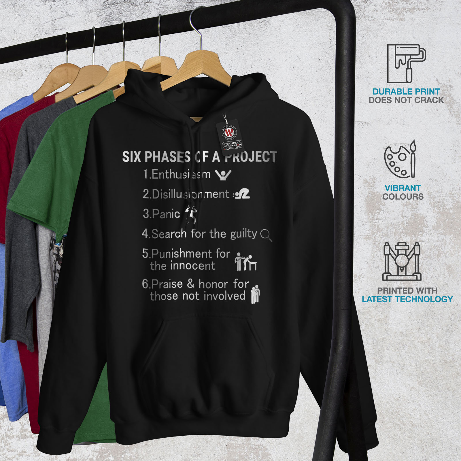 casual Felpa Six Felpa uomo Wellcoda nera da Fhases con divertente Project cappuccio xYqYFtz