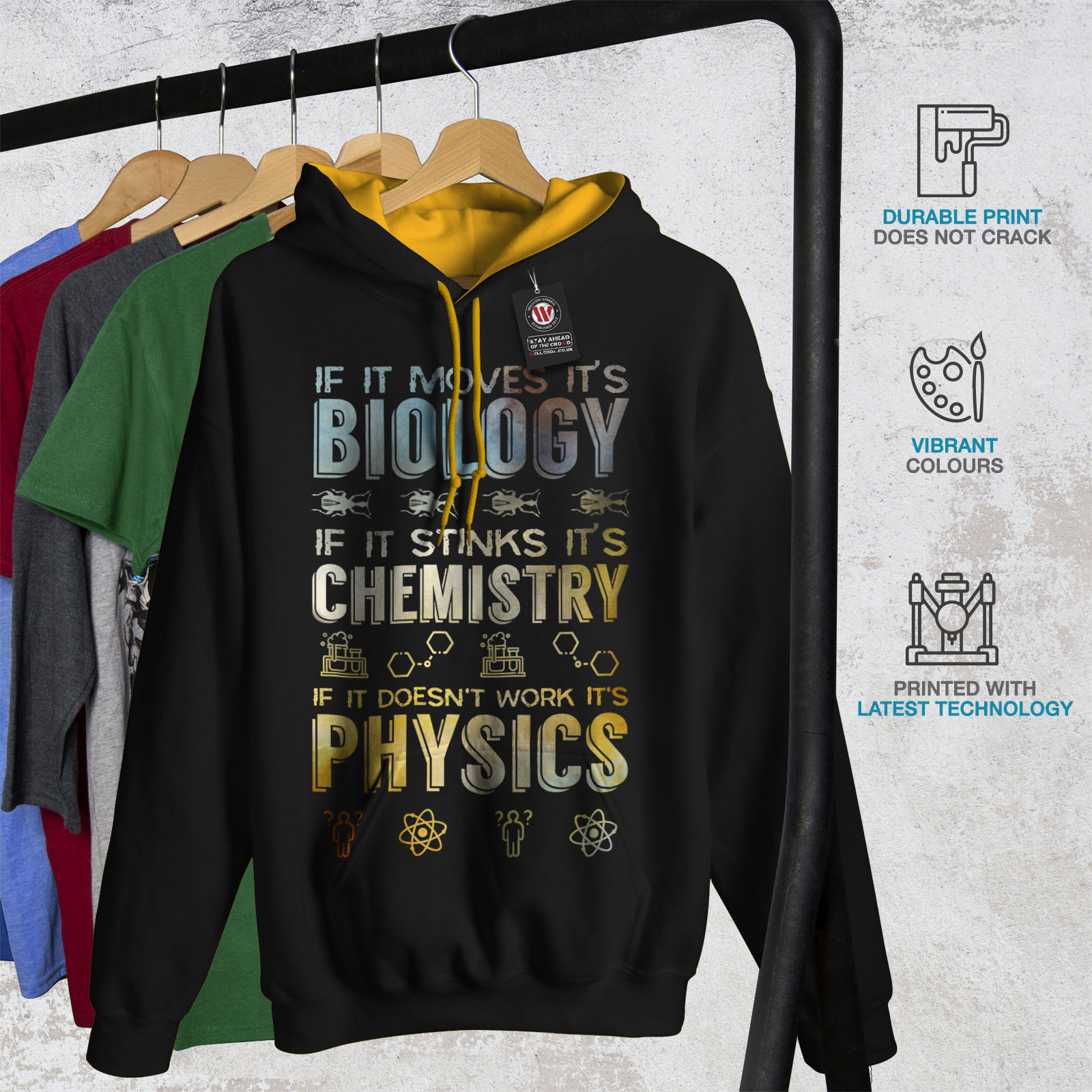 Details about  / Wellcoda Atom Science Mens Contrast Hoodie Funny Slogan Casual Jumper
