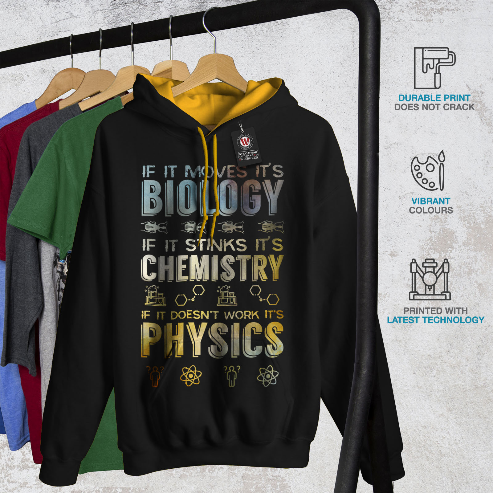 Details about / Wellcoda Atom Science Mens Contrast Hoodie Funny Slogan Casual Jumper