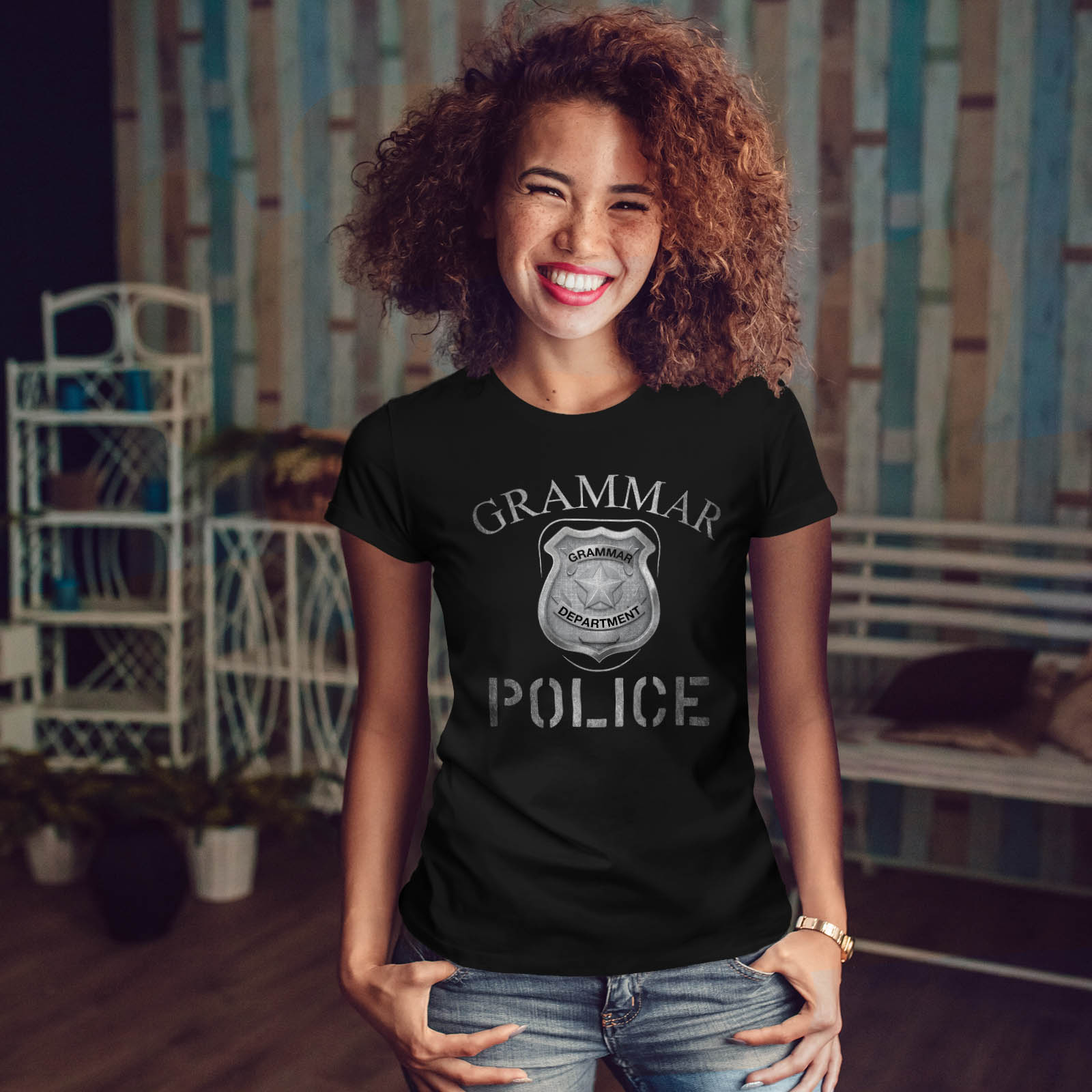 Funny Casual Design Printed Tee Wellcoda Grammar Police Badge Womens T-shirt