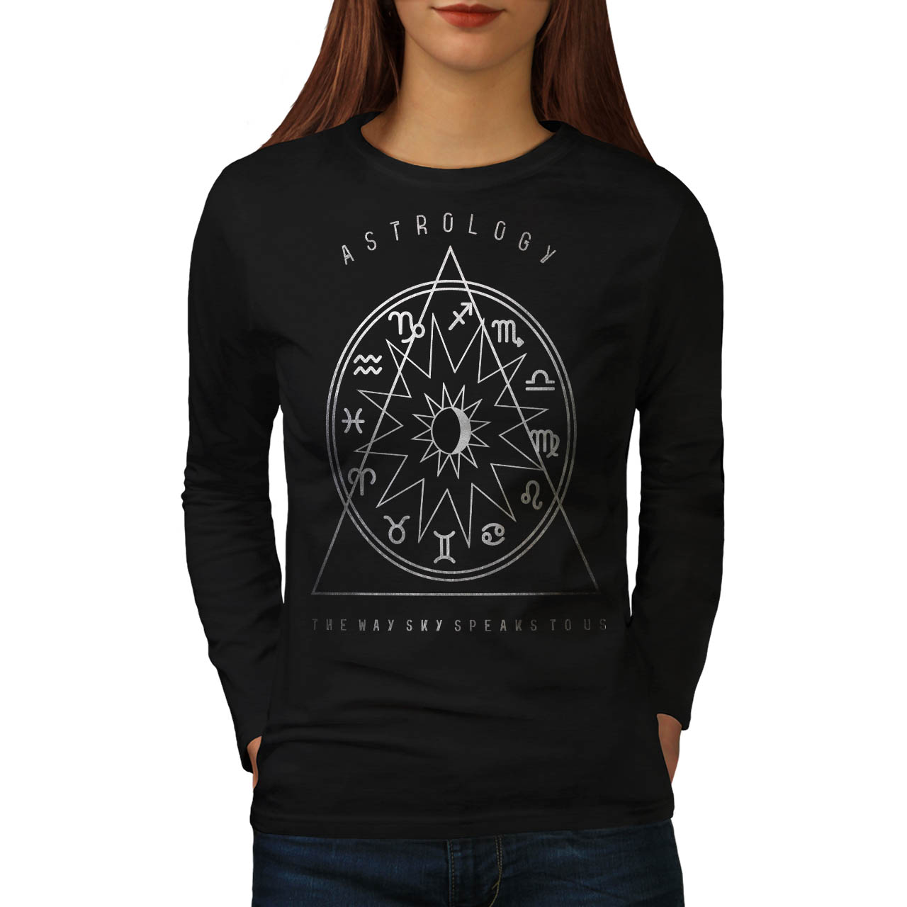 Wellcoda Astrology Signs Zodiac Womens Long Sleeve T Shirt Sky
