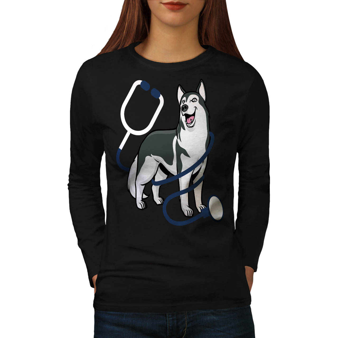 Wellcoda Vet Doctor Husky Womens Long Sleeve T Shirt Dog Happy