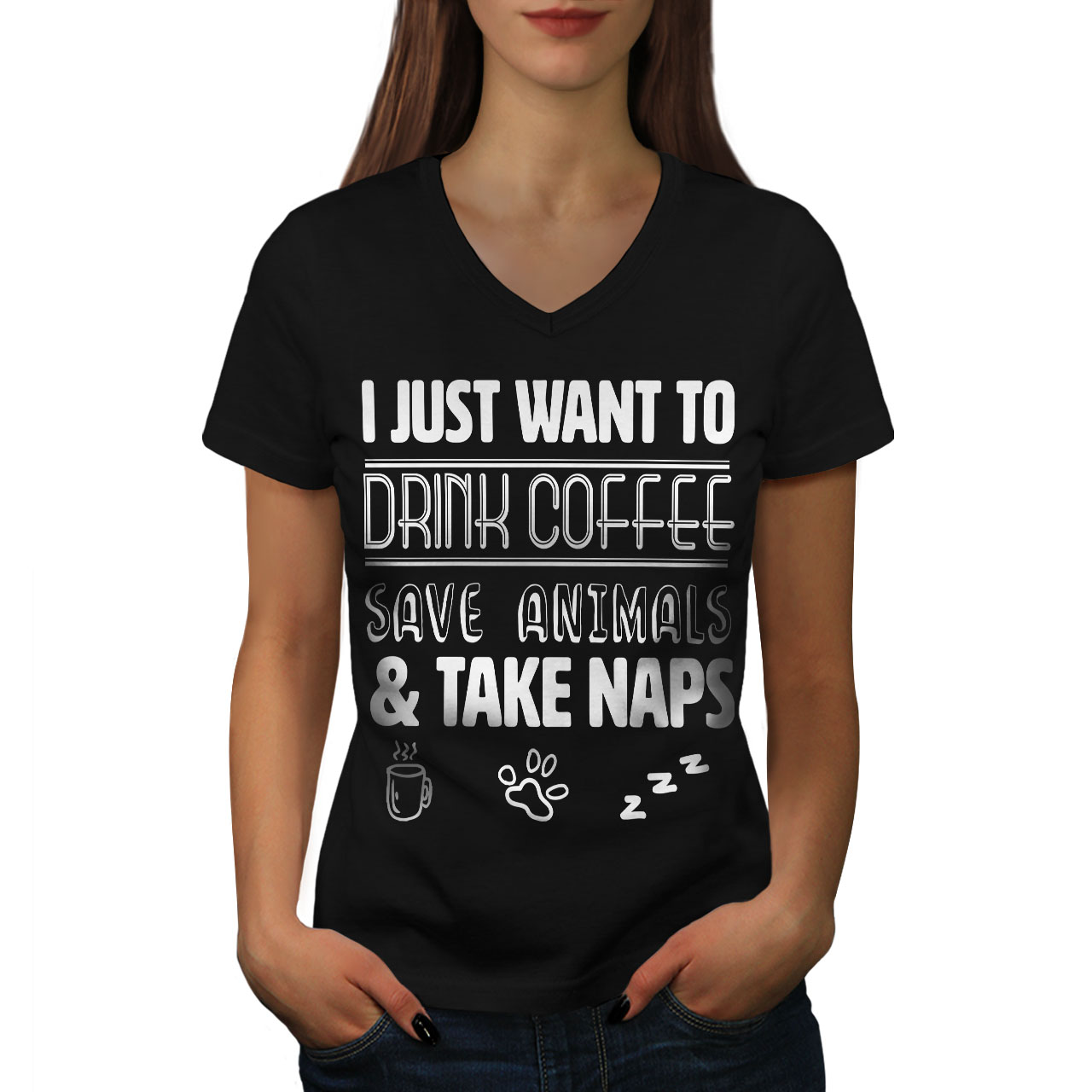 Wellcoda Drink Save Animals Womens V-Neck T-shirt, Slogan Graphic Design  Tee | eBay