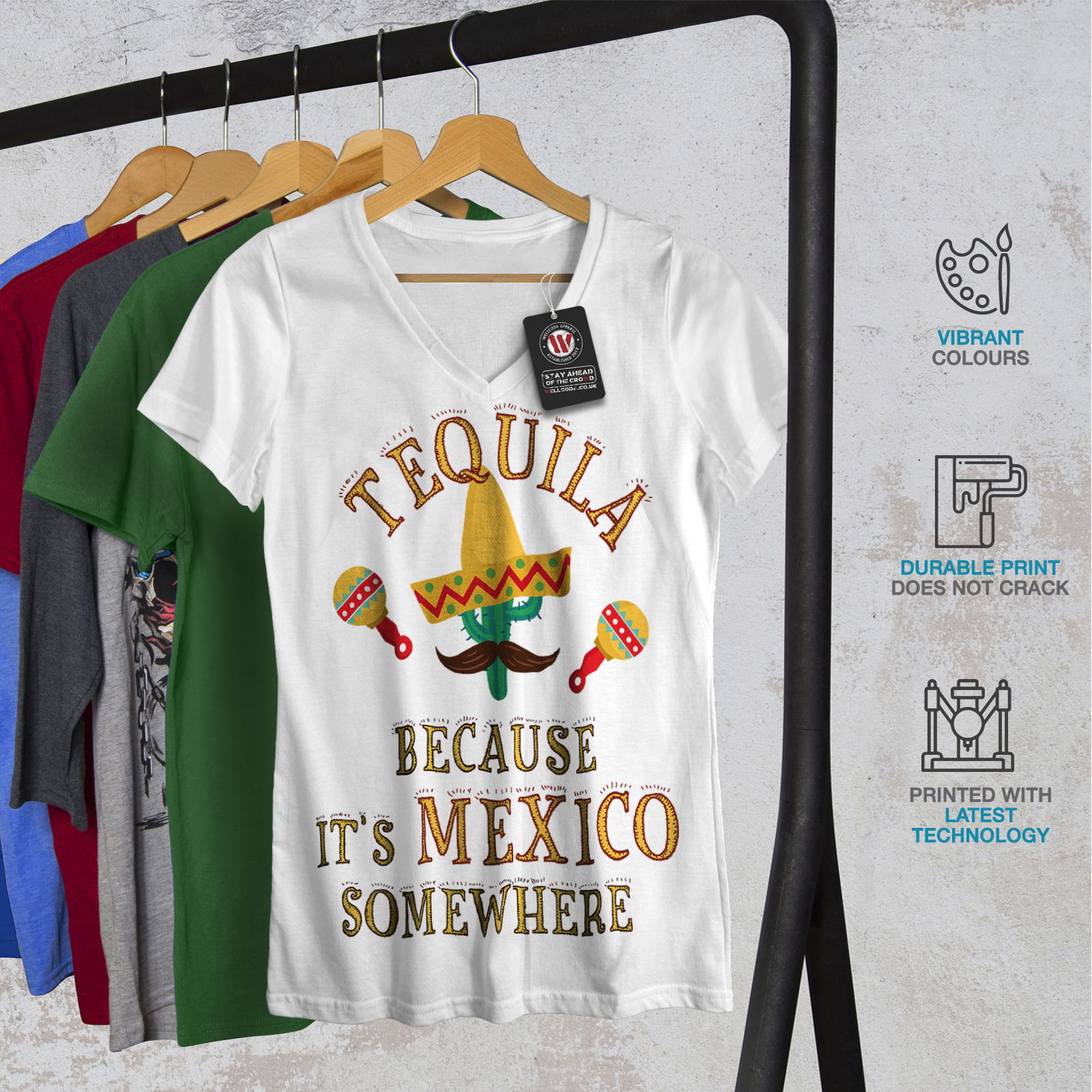 Wellcoda Tequila México Cactus Mujer Cuello en V T-Shirt Tee bebida Diseño Gráfico