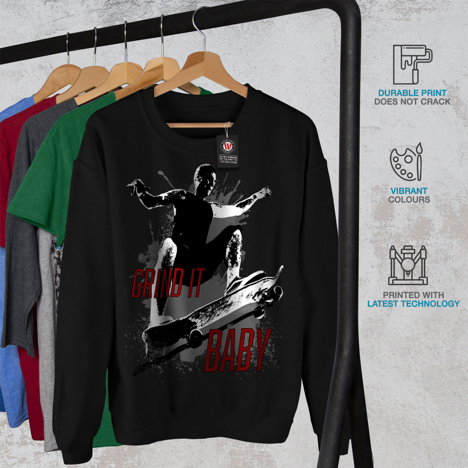 It da Skater Felpa uomopullover Wellcoda casual nero Grind 35Sc4jLRAq