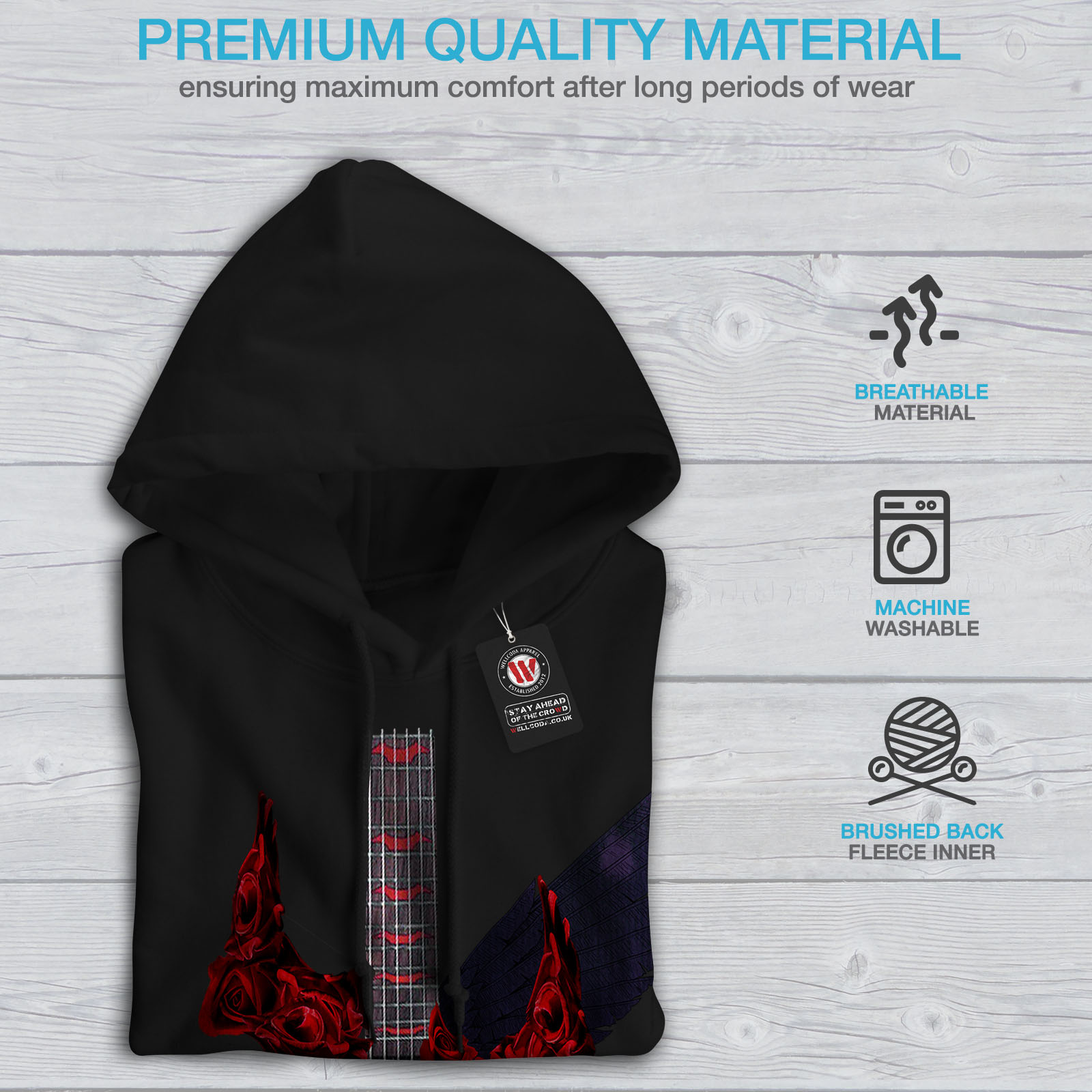 cappuccio uomo felpa da Felpa Guitar Music Wellcoda nera Roses Rock casual con 5zxq0A1w