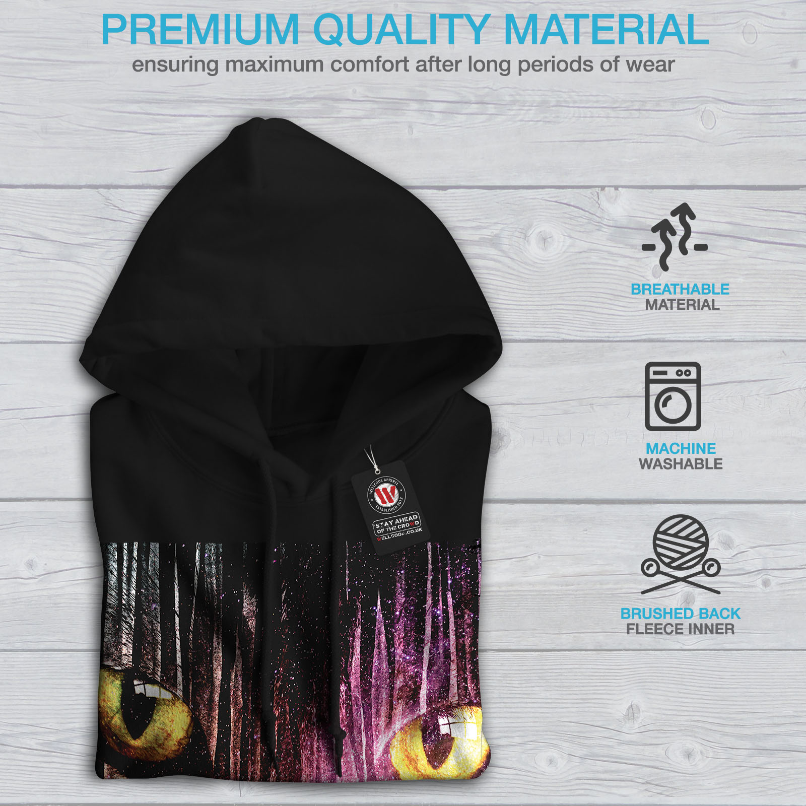 Wellcoda Hooded Sweatshirt Black Hoodie Galaxy Eyes Casual Animal Mens Fantasy O0O1rq