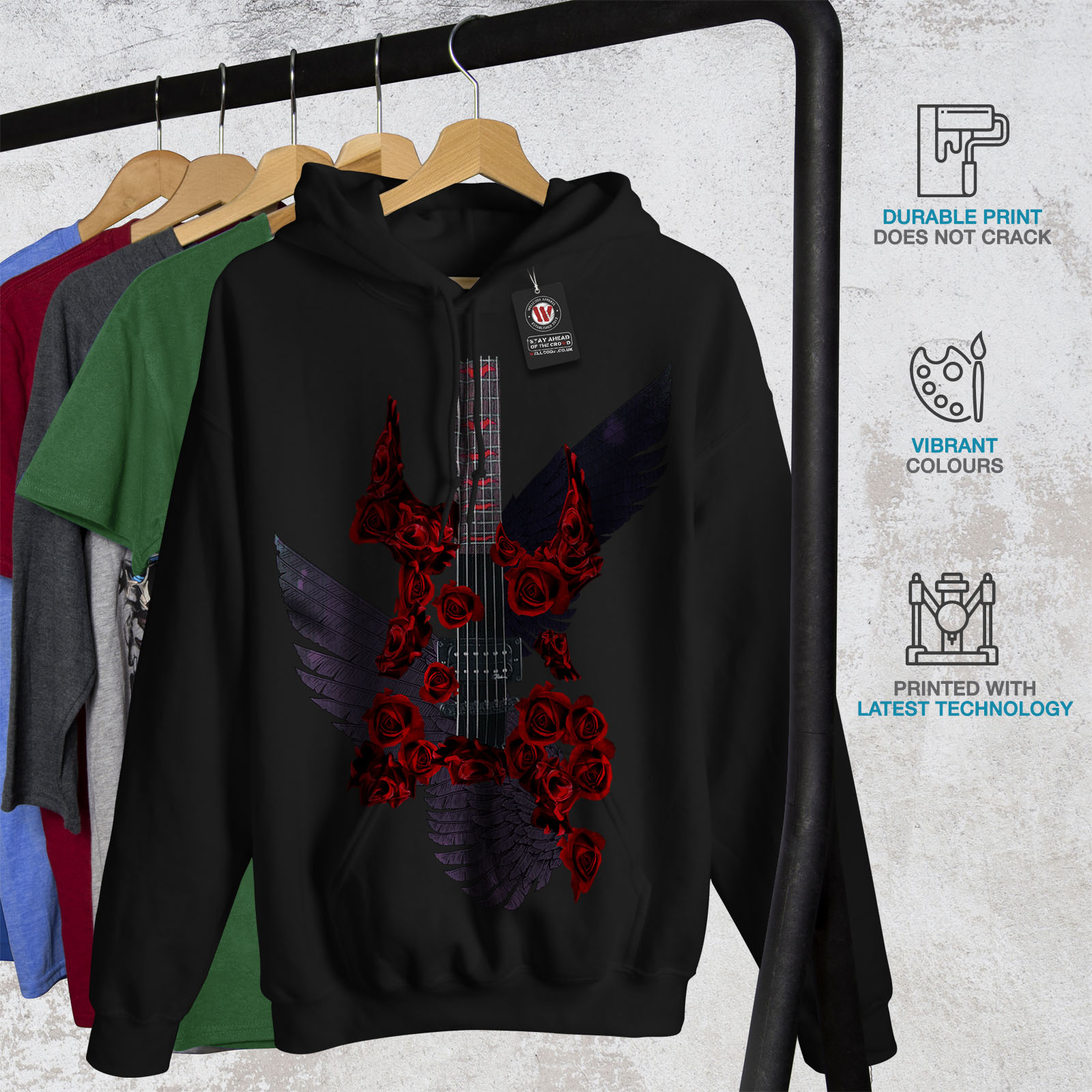 cappuccio uomo felpa da Felpa Guitar Music Wellcoda nera Roses Rock casual con 5zxq0A1w