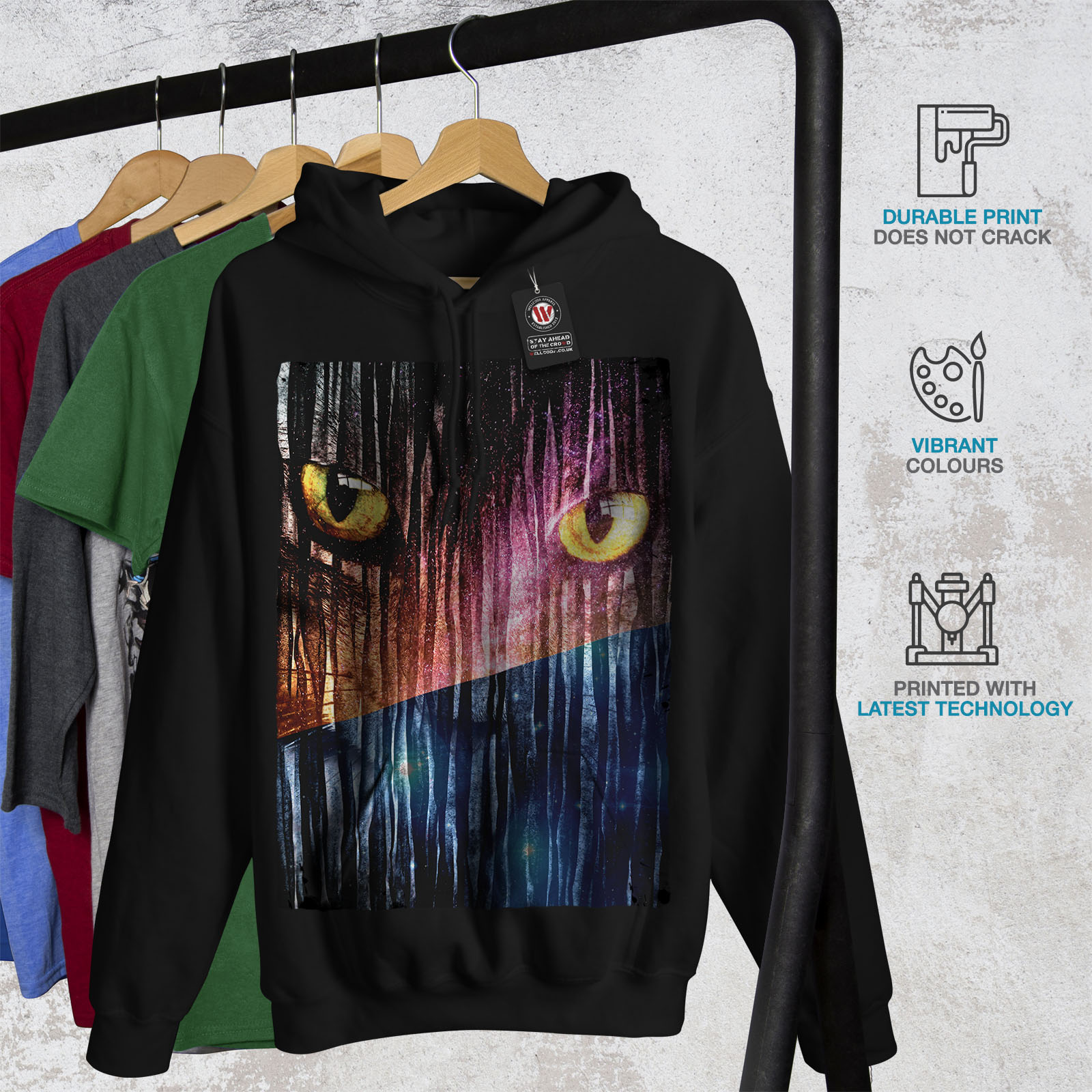 Wellcoda Hooded Sweatshirt Black Hoodie Galaxy Eyes Casual Animal Mens Fantasy O0O1rq