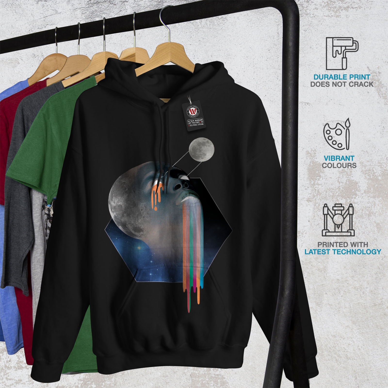 Moon Trendy Sweatshirt Black Casual Mens Galaxy Print Wellcoda Hooded Hoodie 65dq5n