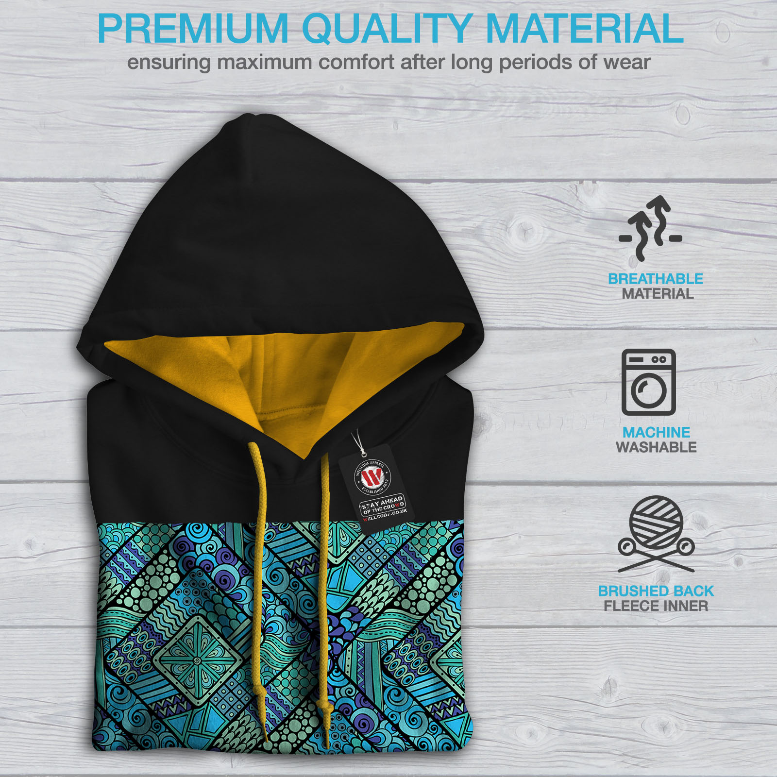 Black Psychodelic Jumper gold Hoodie Colors Hood Wellcoda Mens Contrast Pattern Casual 8wxA6q1