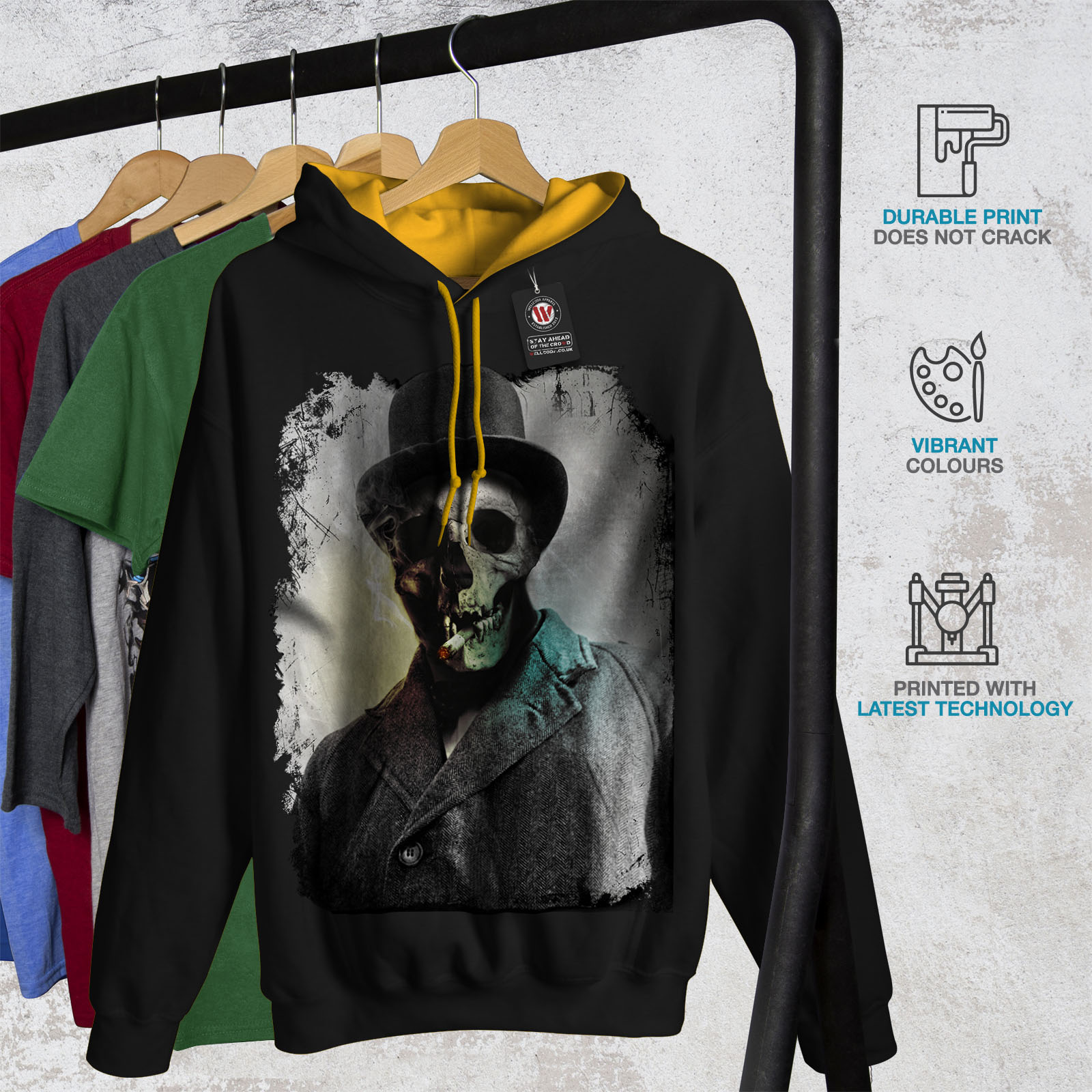 Skull Black gold Hoodie Hood Street Wellcoda Smoking Jumper Contrast Casual Skeleton Mens UBxxOzEq