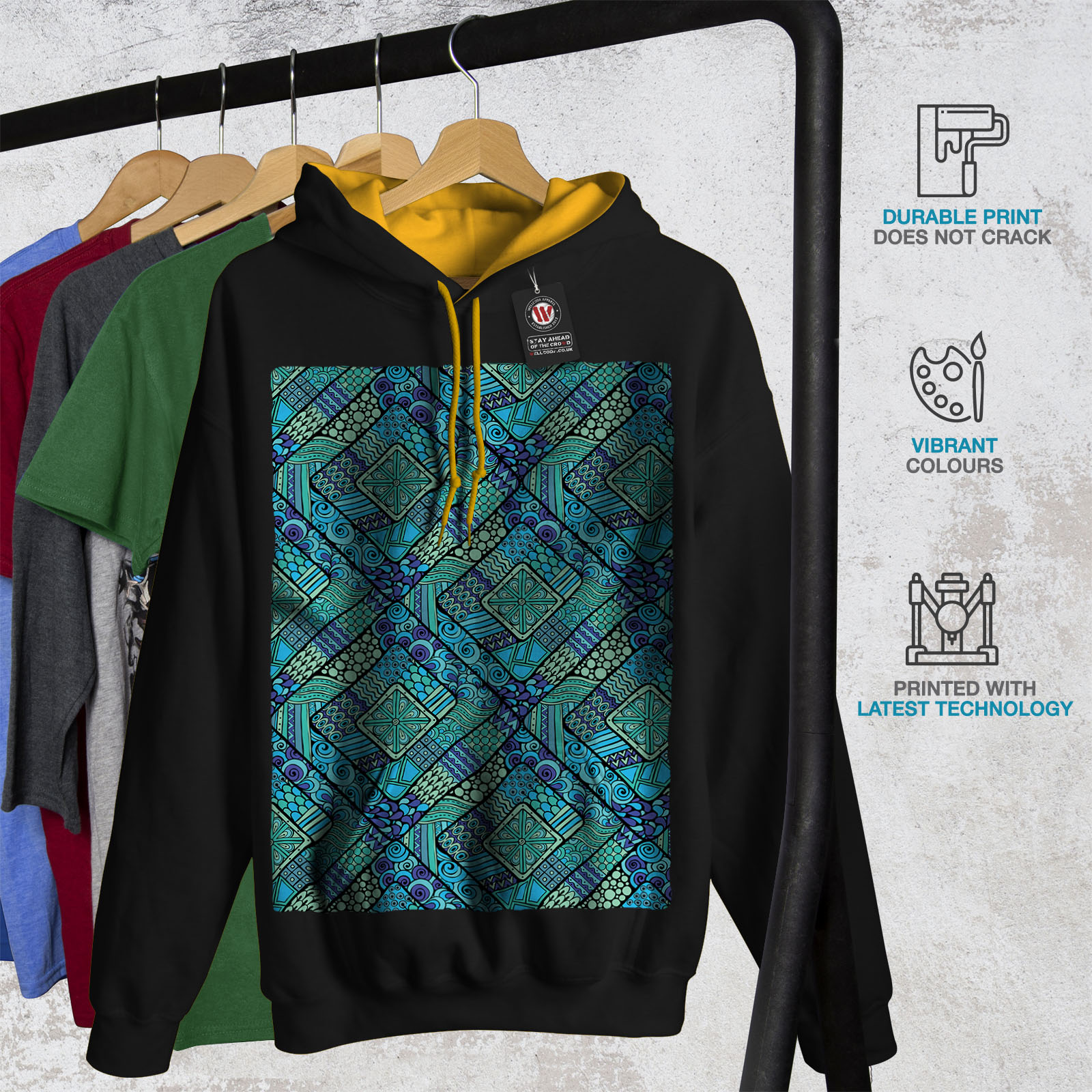 Black Psychodelic Jumper gold Hoodie Colors Hood Wellcoda Mens Contrast Pattern Casual 8wxA6q1