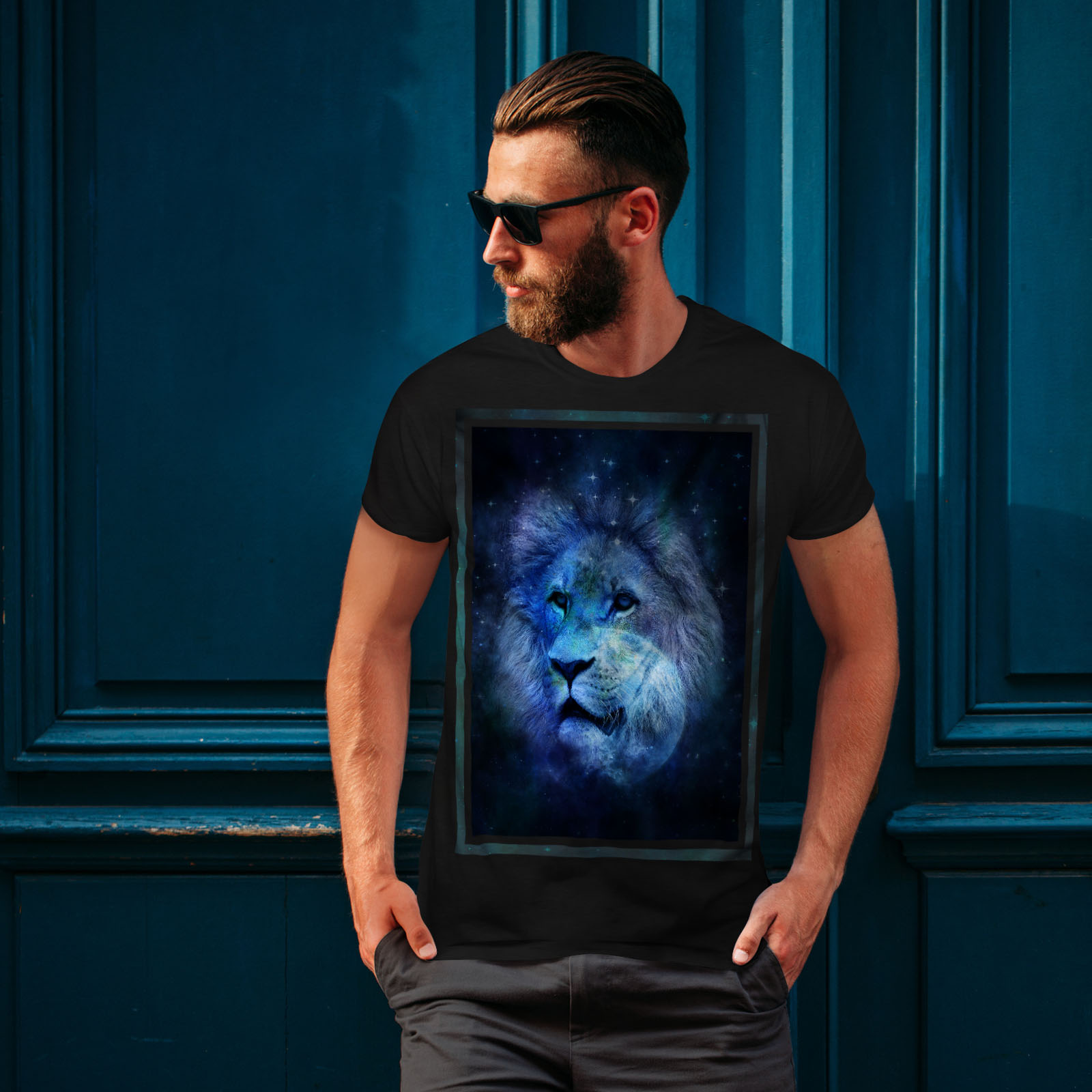 Wellcoda Sky León Cara Luna Hombre Camiseta Camiseta Impresa Diseño Gráfico de sueño