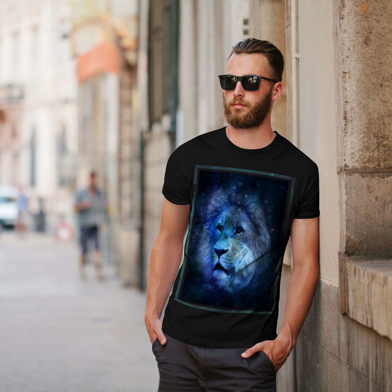Wellcoda Sky León Cara Luna Hombre Camiseta Camiseta Impresa Diseño Gráfico de sueño
