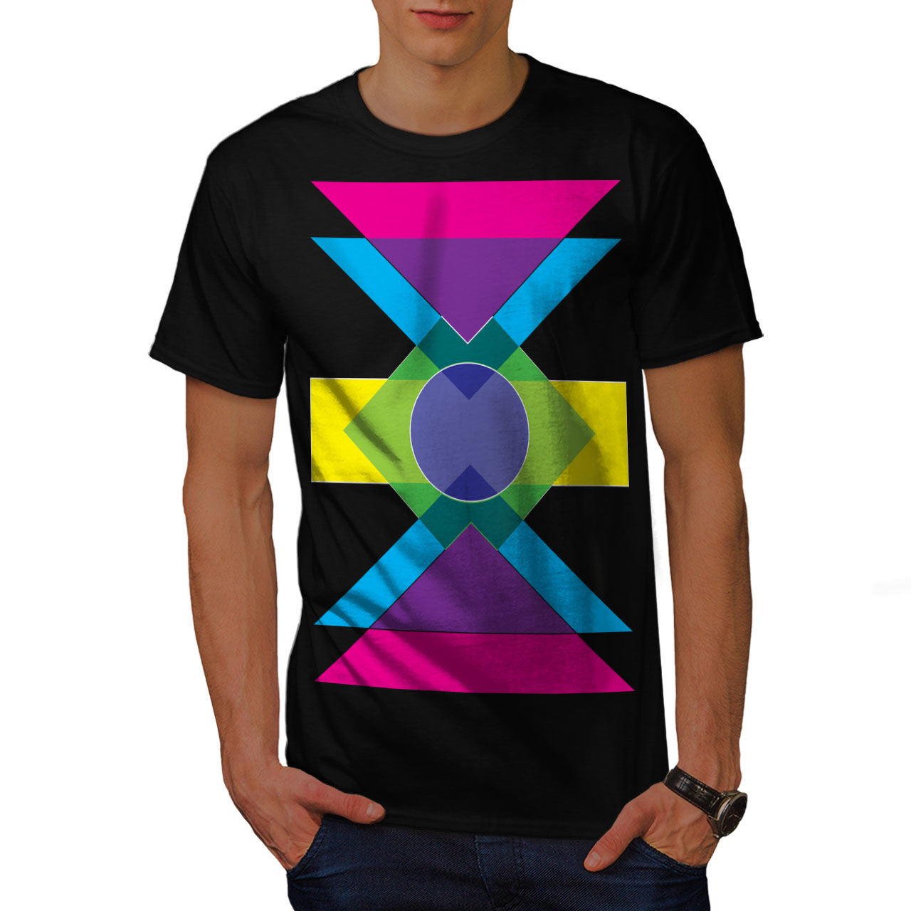 Wellcoda Geometric Pattern Mens Tshirt, Colorful Graphic Design