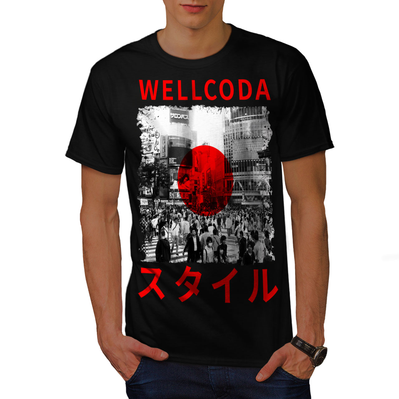 Wellcoda Japan Style Flag Mens T-shirt, Japanese Graphic Design Printed Tee...