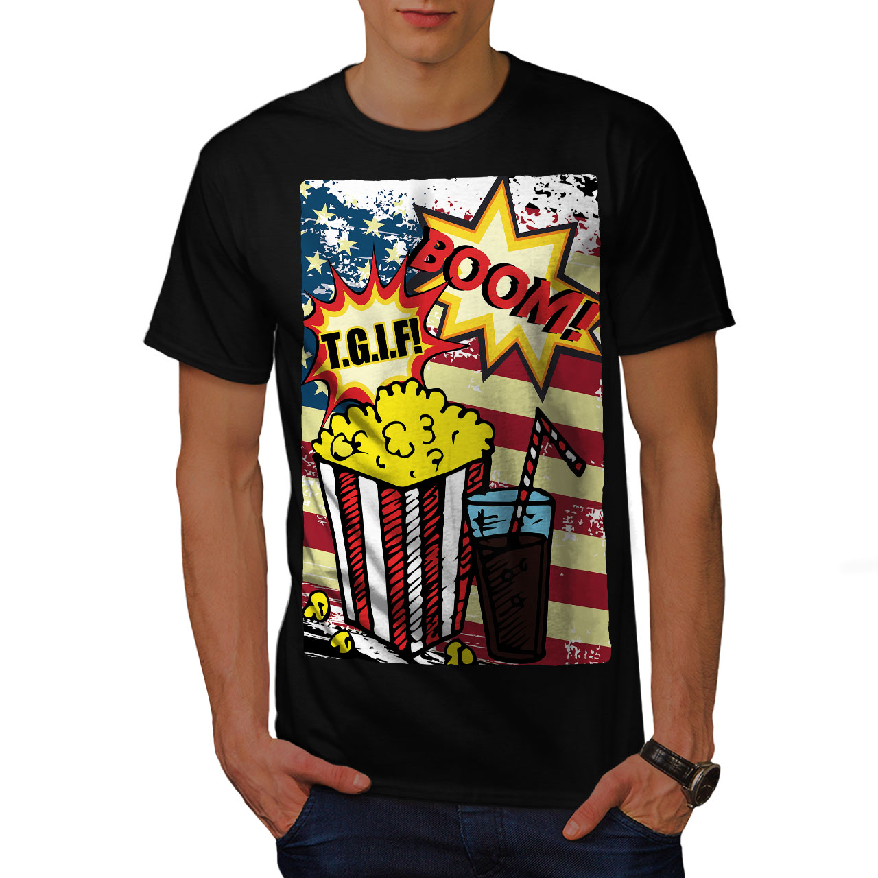 Wellcoda Popcorn and Coke Mens Tshirt, America Graphic Design Printed