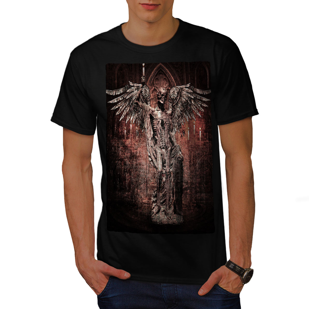 Wellcoda Angel esqueleto Rock para Mujer T-Shirt Tee Casual de diseño impreso Religión