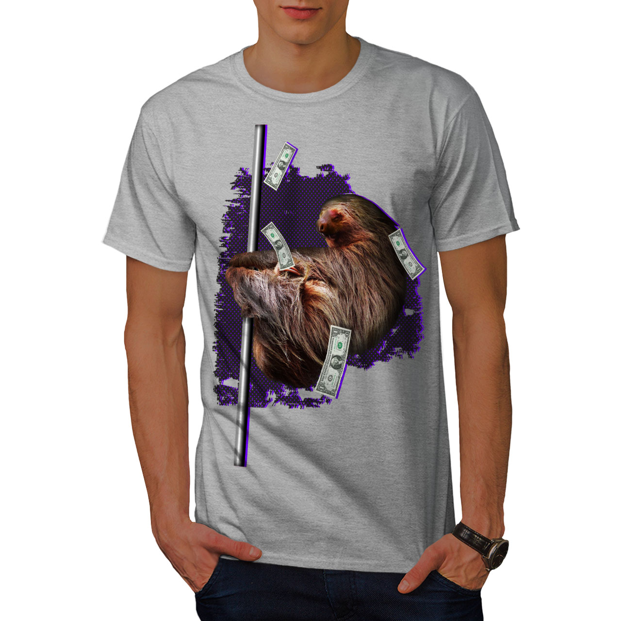 Wellcoda Sloth Cash Funny Animal Herren T-Shirt Wild Grafikdesign