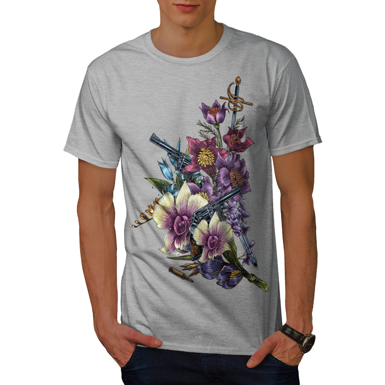 Wellcoda Flower Cool Gun Gangster Mens T-shirt, And Graphic Design ...