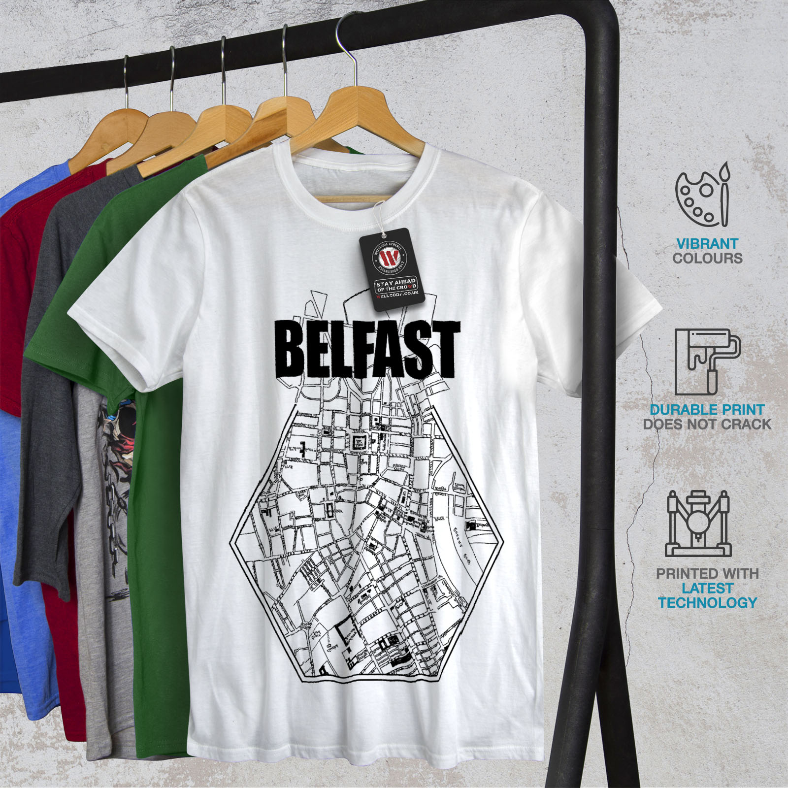 Wellcoda Belfast City Map Mens Tshirt, Belfast Graphic Design Printed