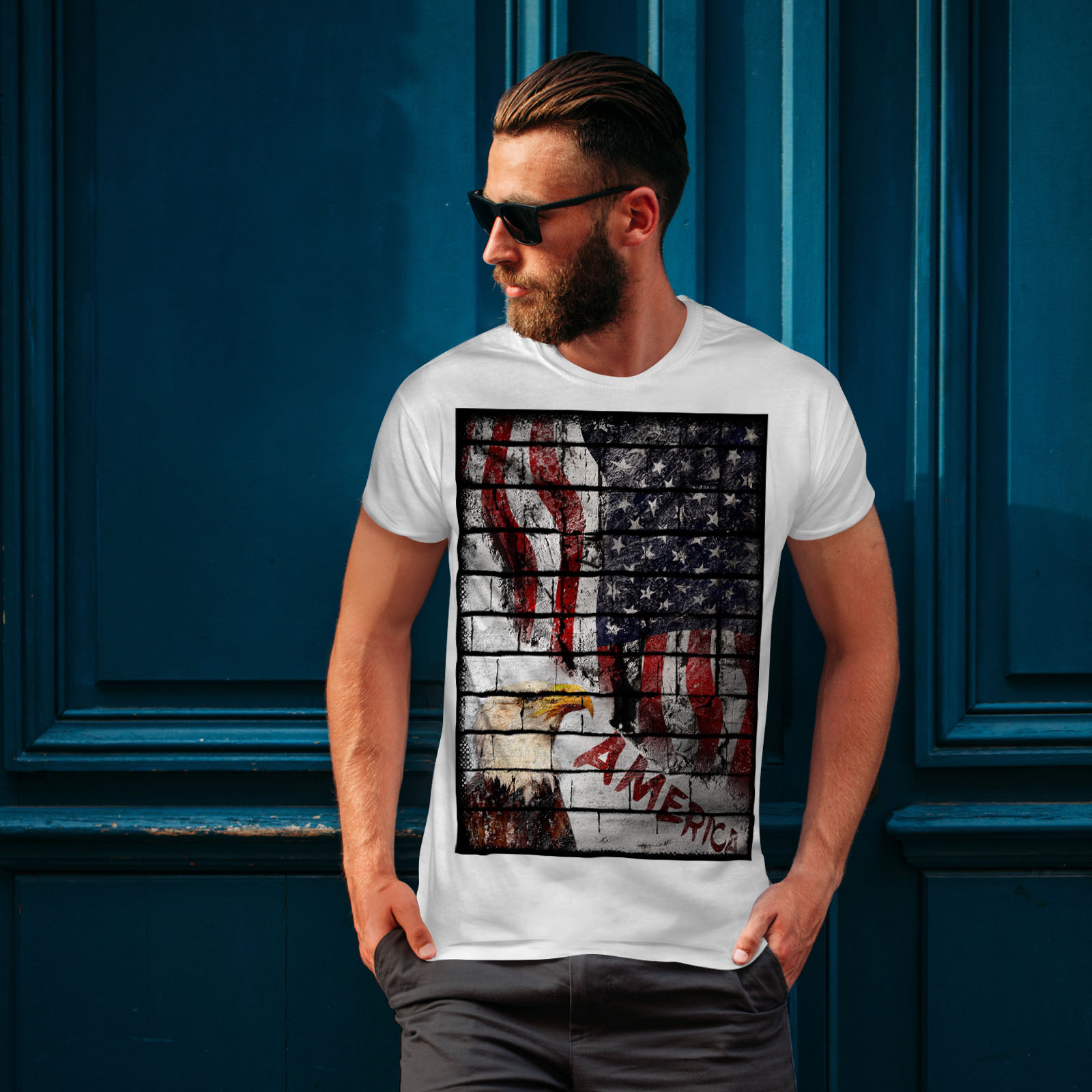 Wellcoda American Eagle Flag USA Mens T-shirt Eagle Graphic Design Printed Tee