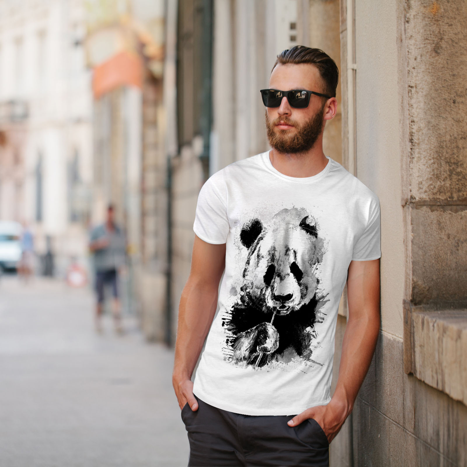 Bamboo Graphic Design Tee Wellcoda Eating Panda Face Womens V-Neck T-shirt