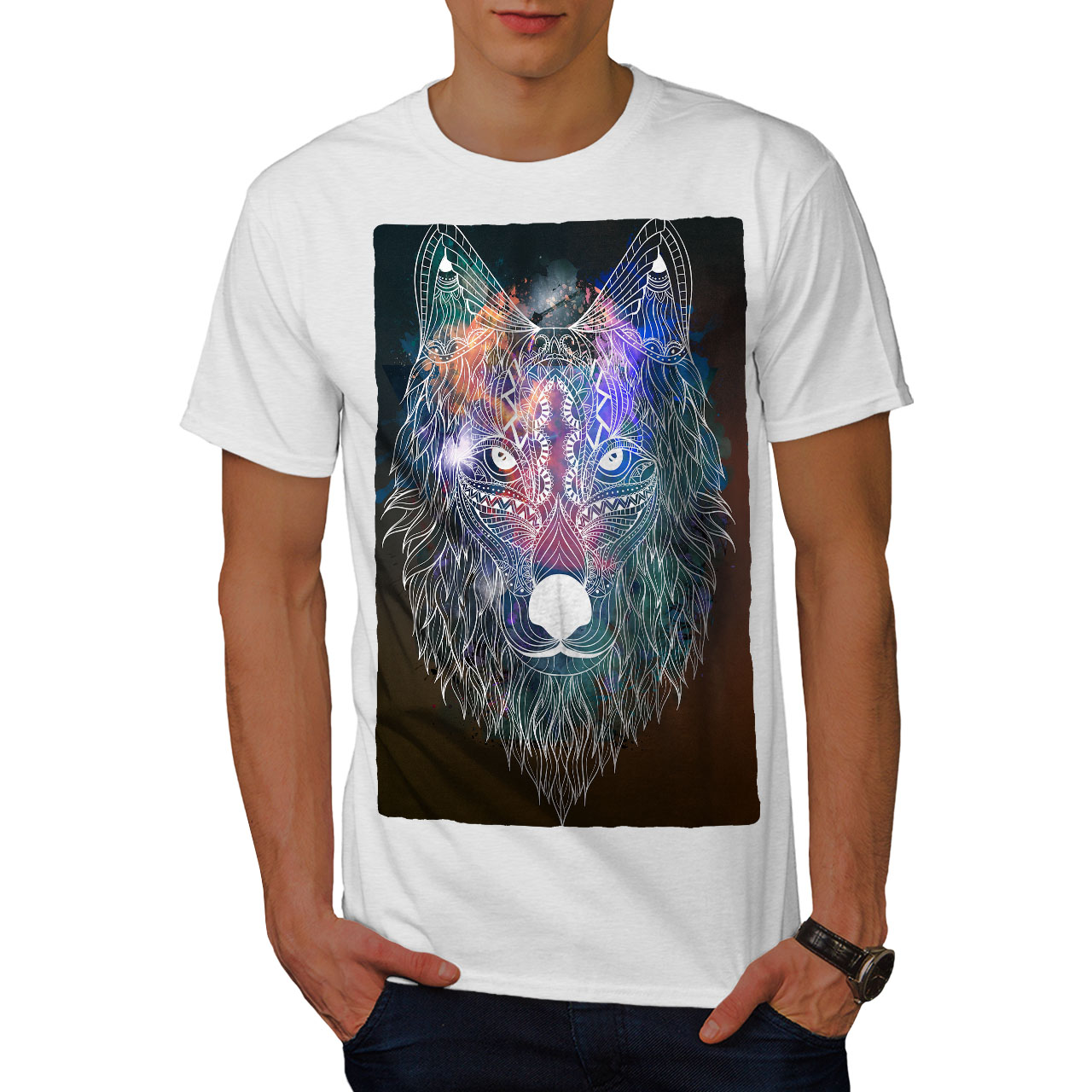 Wellcoda Hippie Wolf Head Mens T-shirt, Tribal Graphic Design Printed ...