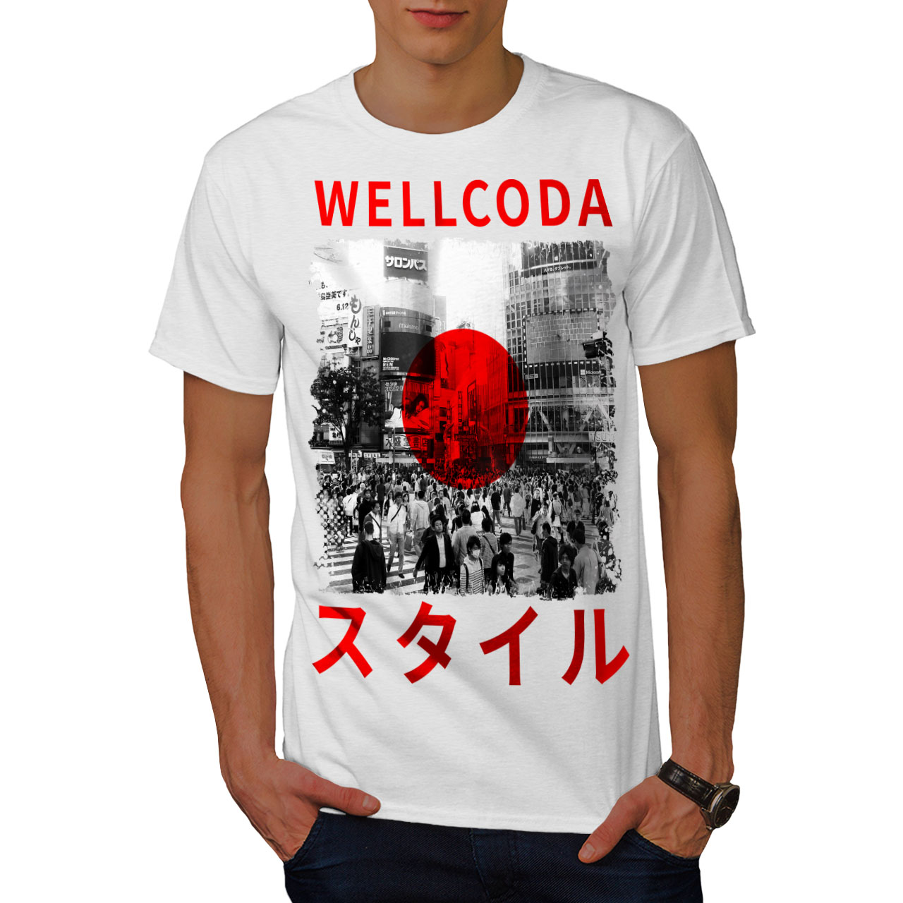 Wellcoda Japan Style Flag Mens T-shirt, Japanese Graphic Design Printed Tee...