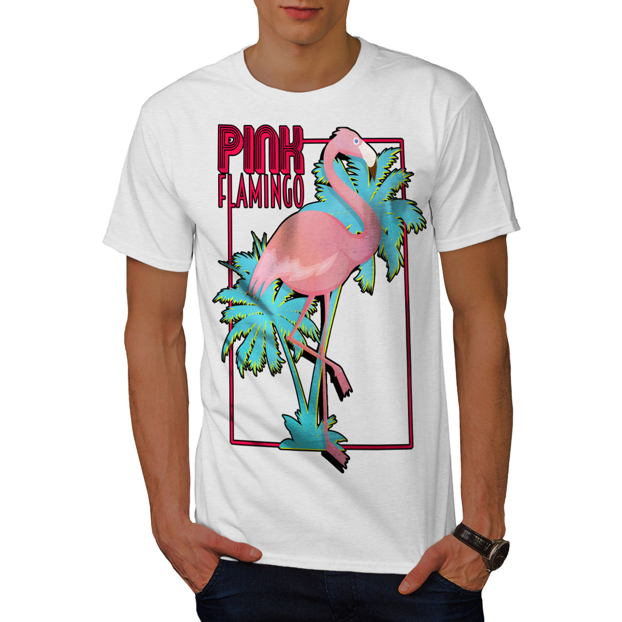 Wellcoda Pink Flamingo Island Mens T-shirt, Tropical Graphic Design