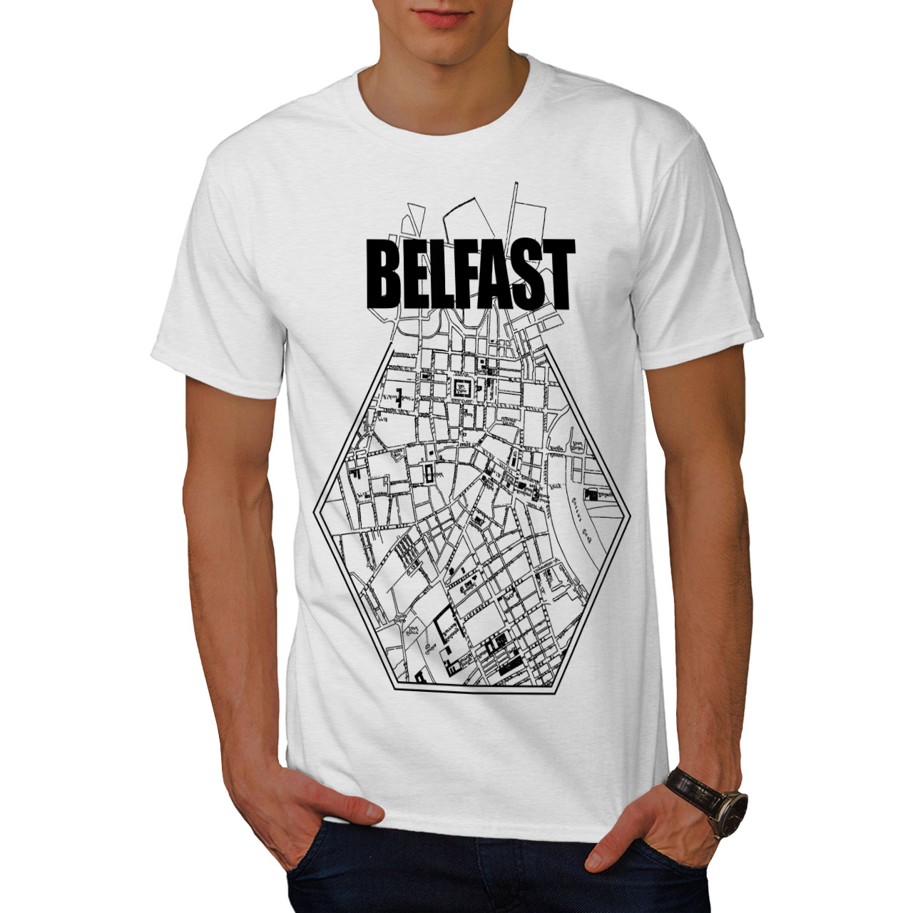 Wellcoda Belfast City Map Mens Tshirt, Belfast Graphic Design Printed