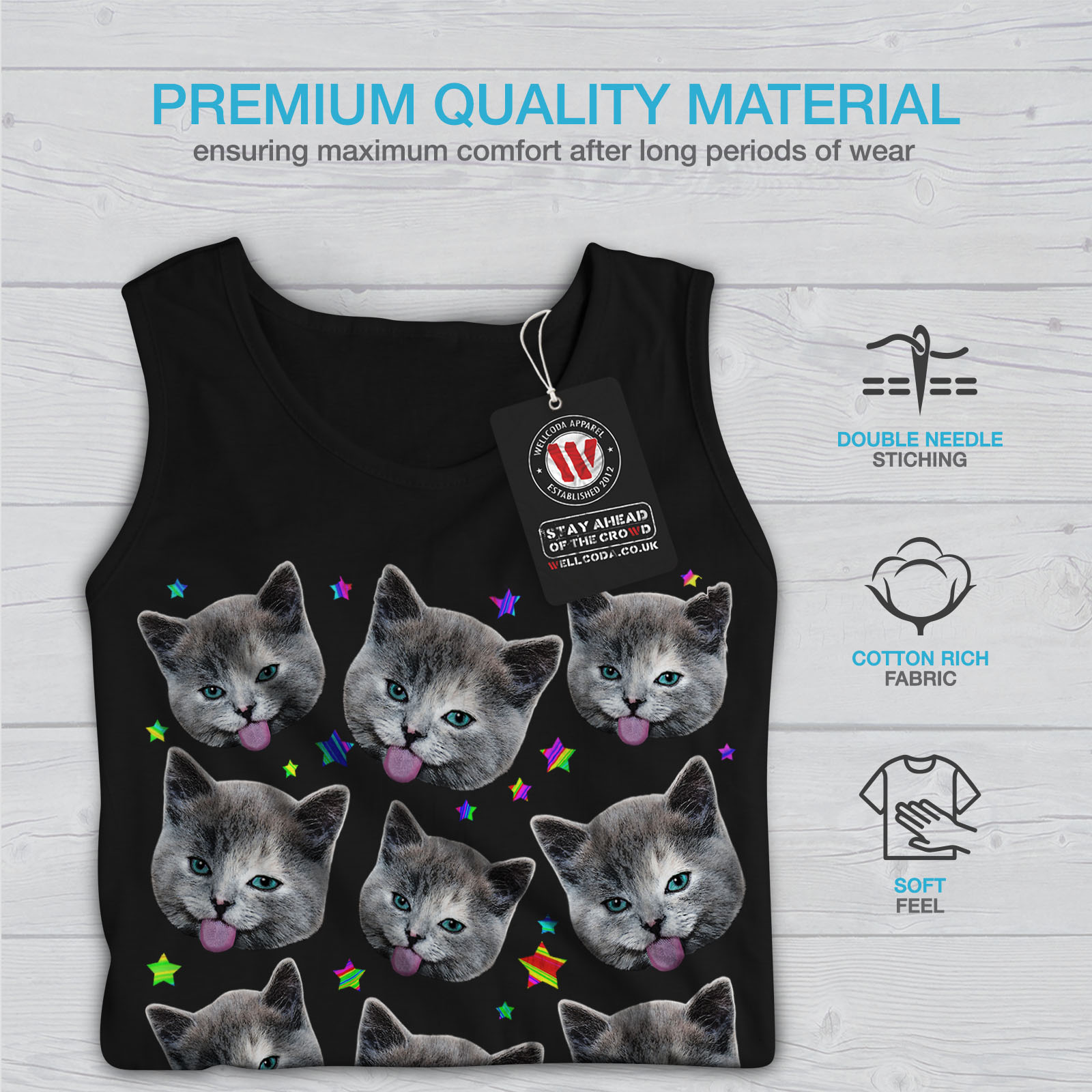 Wellcoda Cat Contrast Art Mens Tank Top Animal Active Sports Shirt