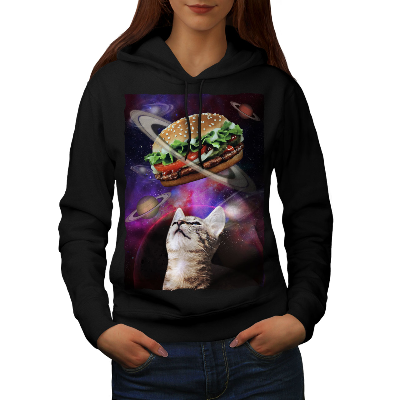 Wellcoda Space Burger Cat Fun Womens Hoodie Kitten Casual Hooded Sweatshirt Wellcoda Space Burger Cat Fun Womens Hoodie Kitten Casual Hooded Sweatshirt