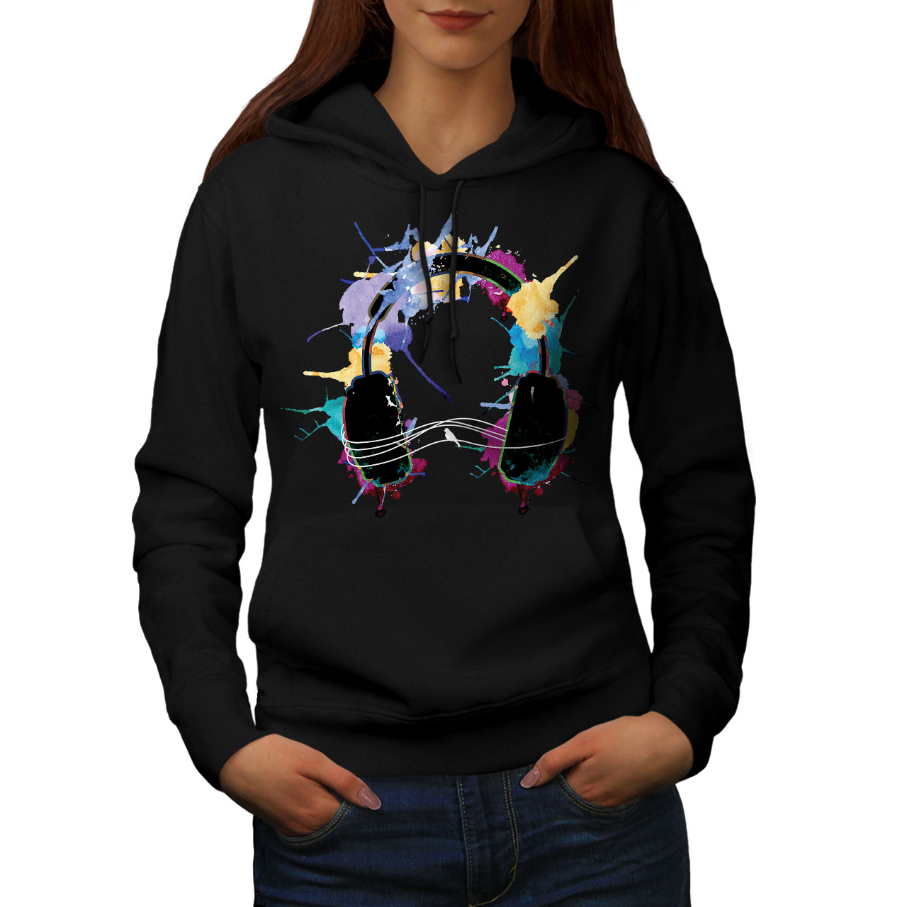 Wellcoda Headphones Colors Womens Hoodie, Music Casual Hooded