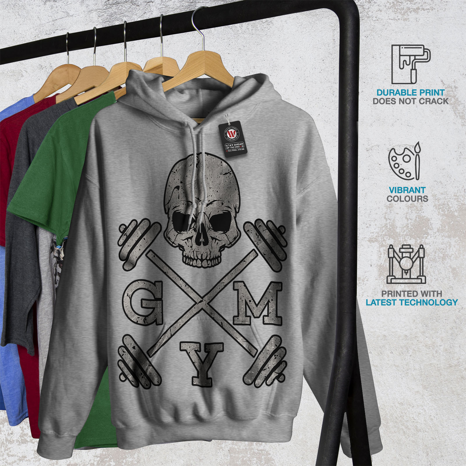 Work Casual Hooded Sweatshirt Wellcoda Skull Gym Fitness Sport Mens Hoodie 