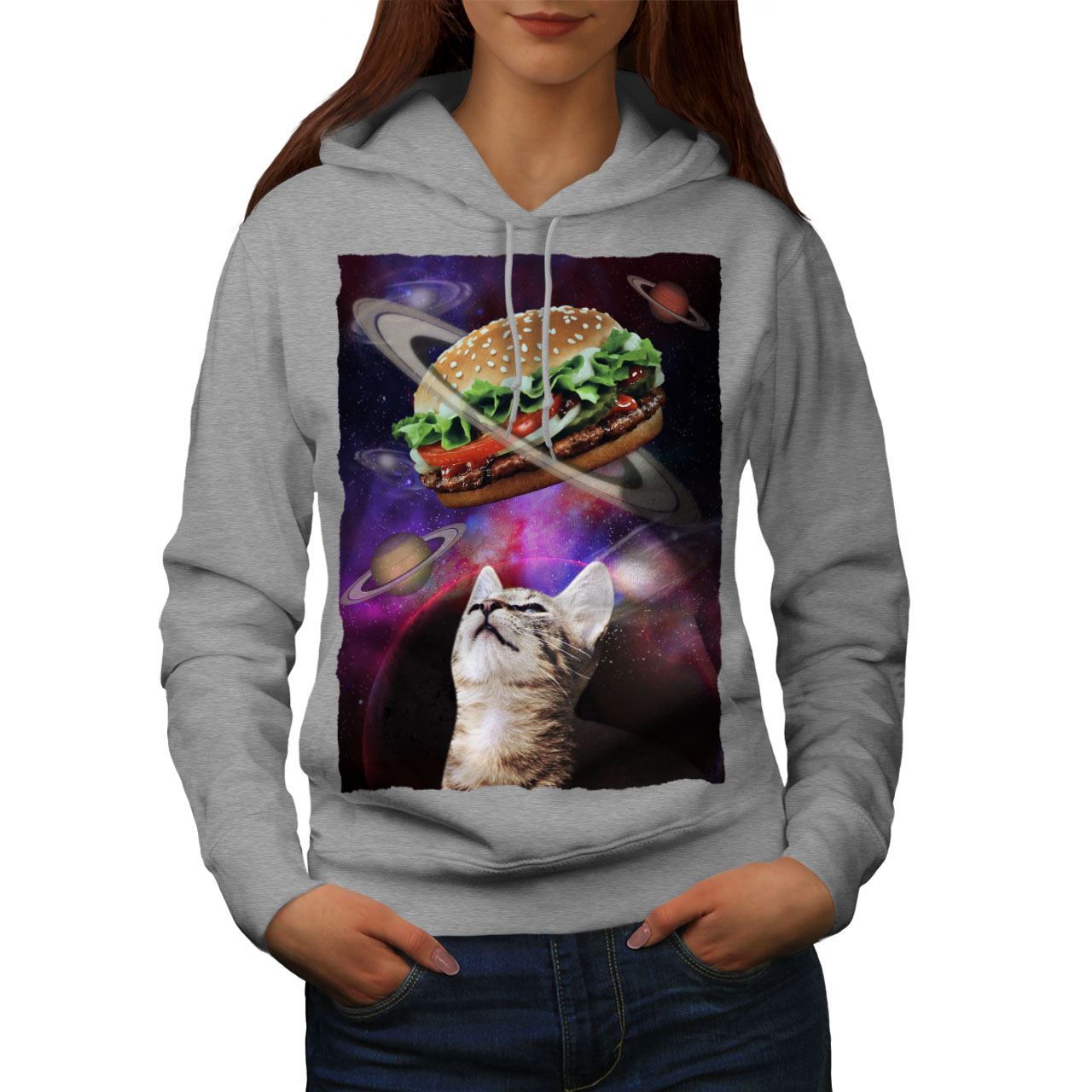 Wellcoda Space Burger Cat Fun Womens Hoodie Kitten Casual Hooded Sweatshirt 