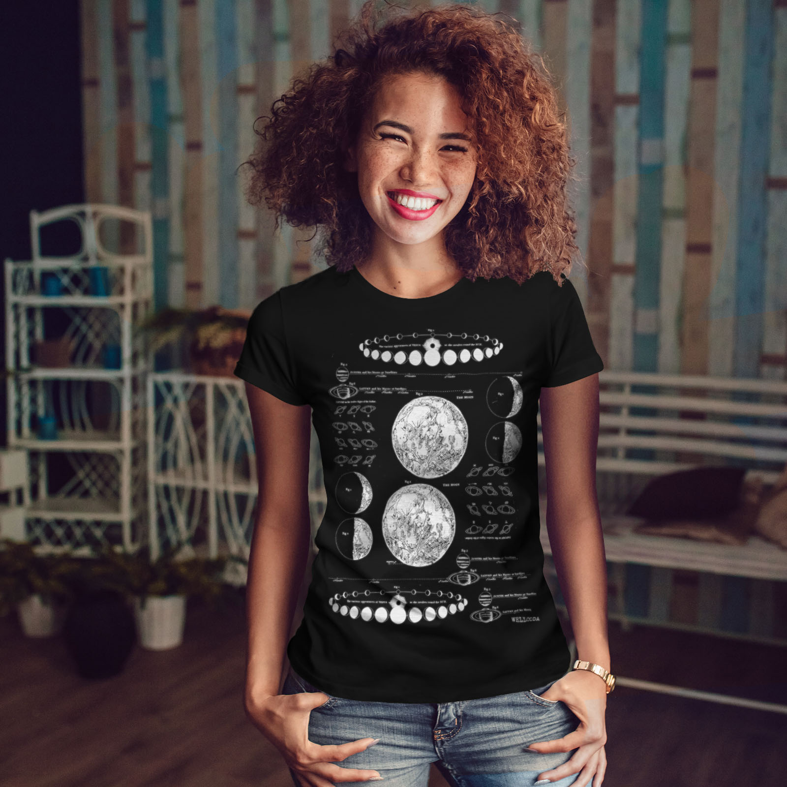 Wellcoda Moon Phases Womens Long Sleeve T-shirt Astronomy Casual Design