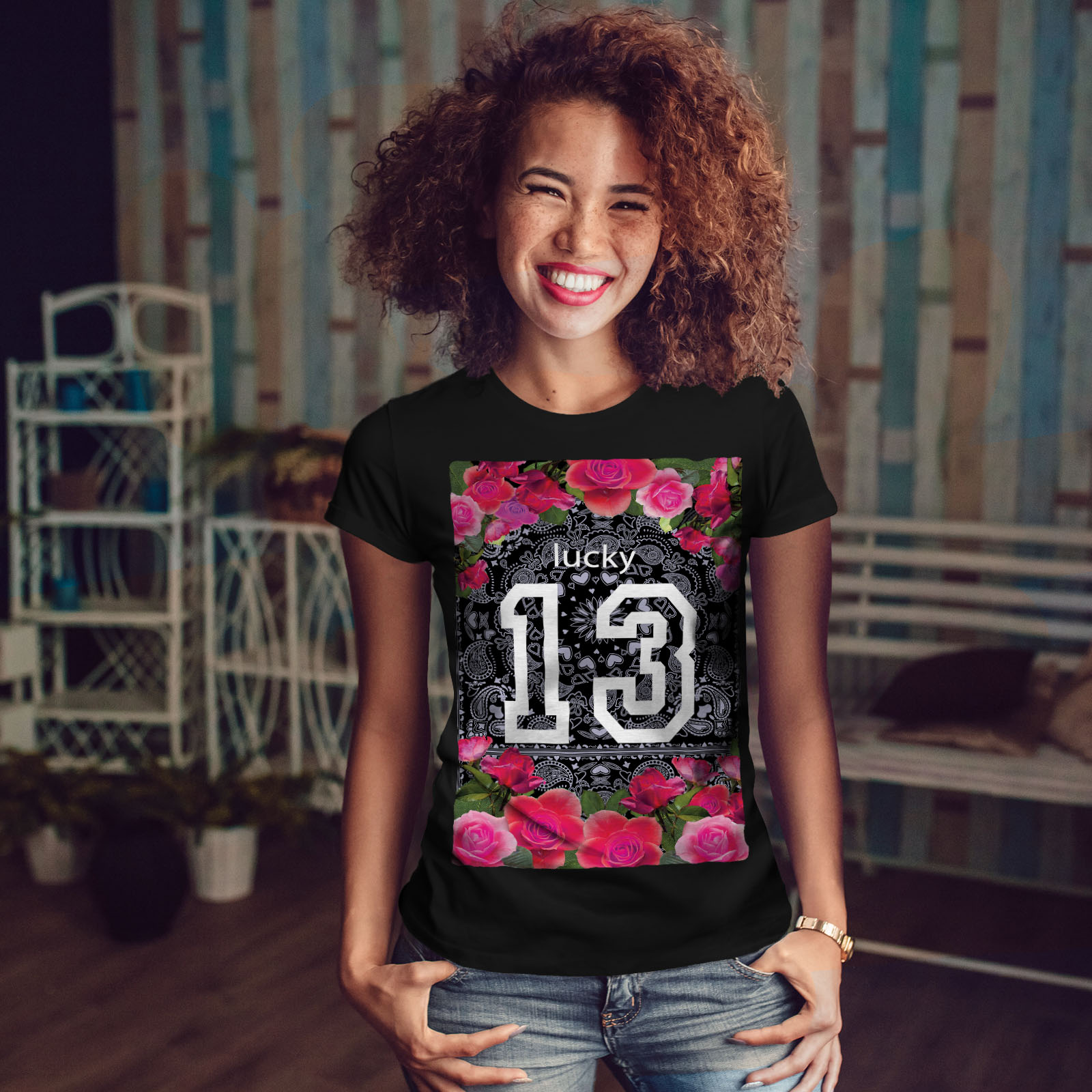 Wellcoda Lucky 13 Womens T-shirt, Flower Casual Design Printed Tee | eBay