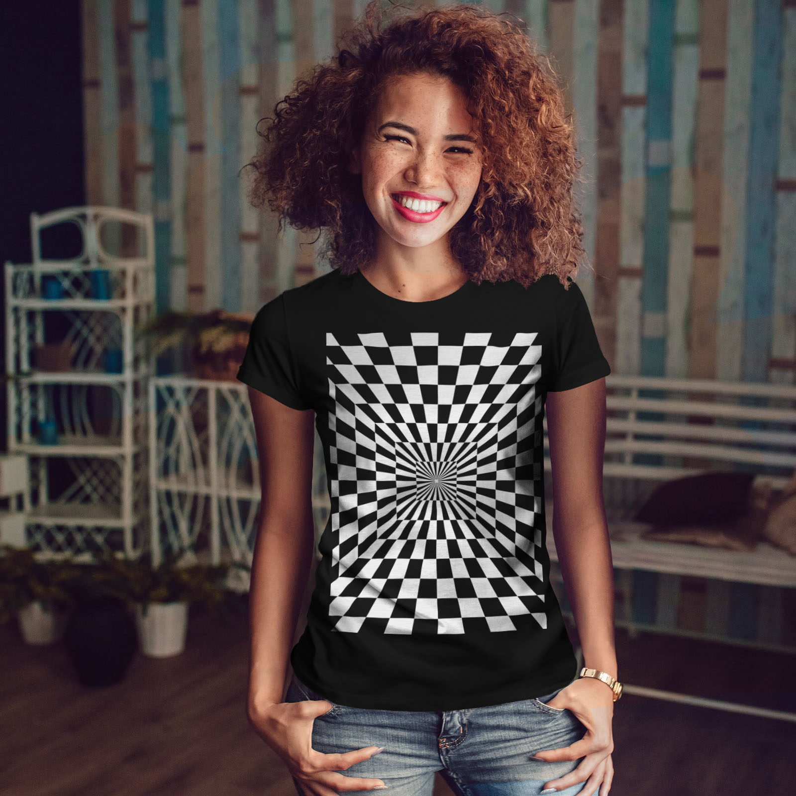 Wellcoda Square Illusion Pattern Womens T-shirt, Trick Casual Design ...
