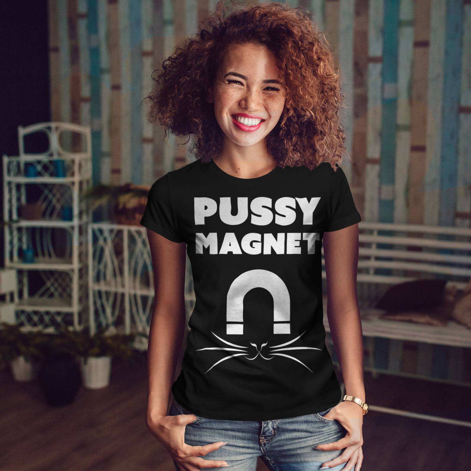 Wellcoda Pussy Magnet Cool Womens T Shirt Magnet Casual Design Printed