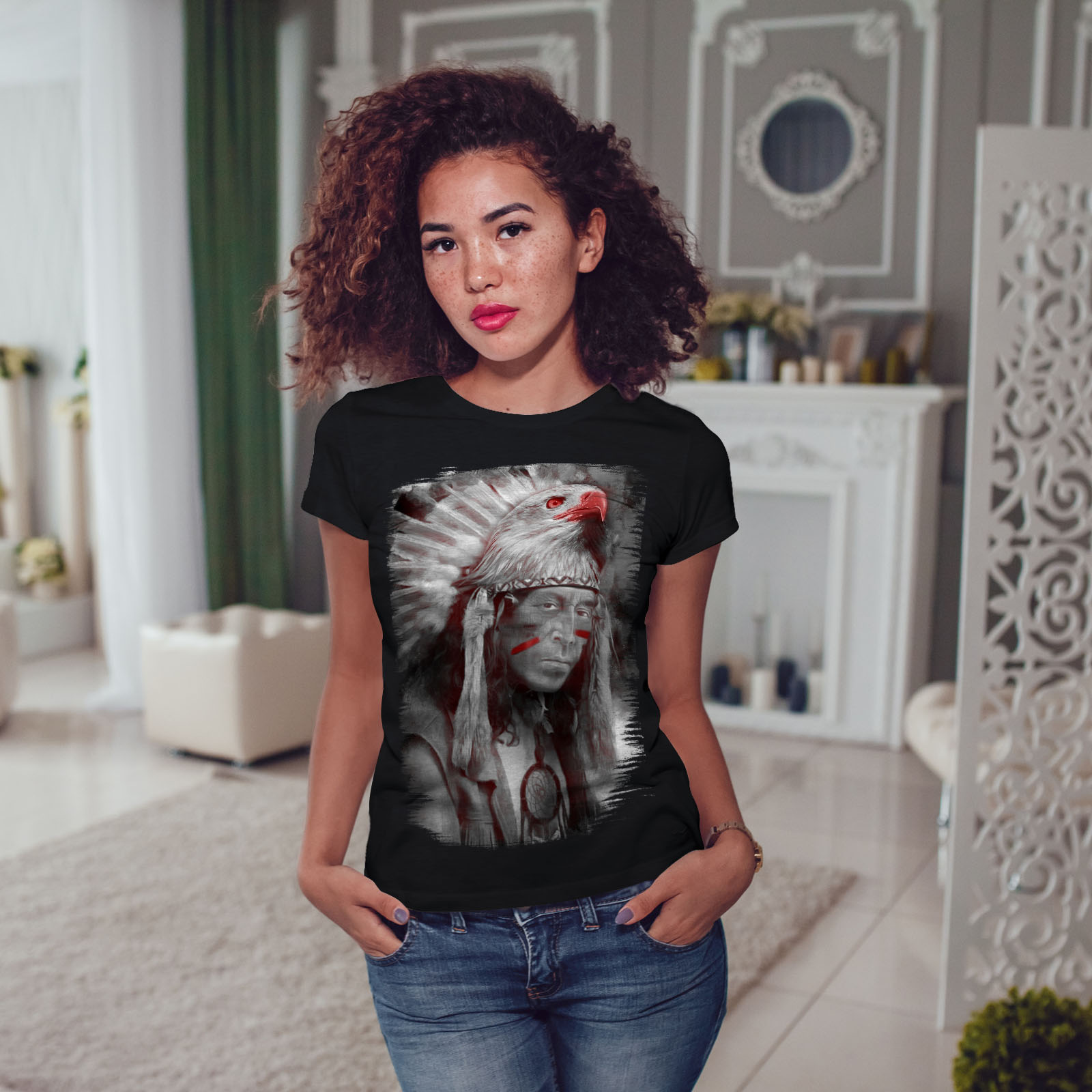 Wellcoda Native American Fantasy Womens T-shirt, Eagle Casual Design  Printed Tee