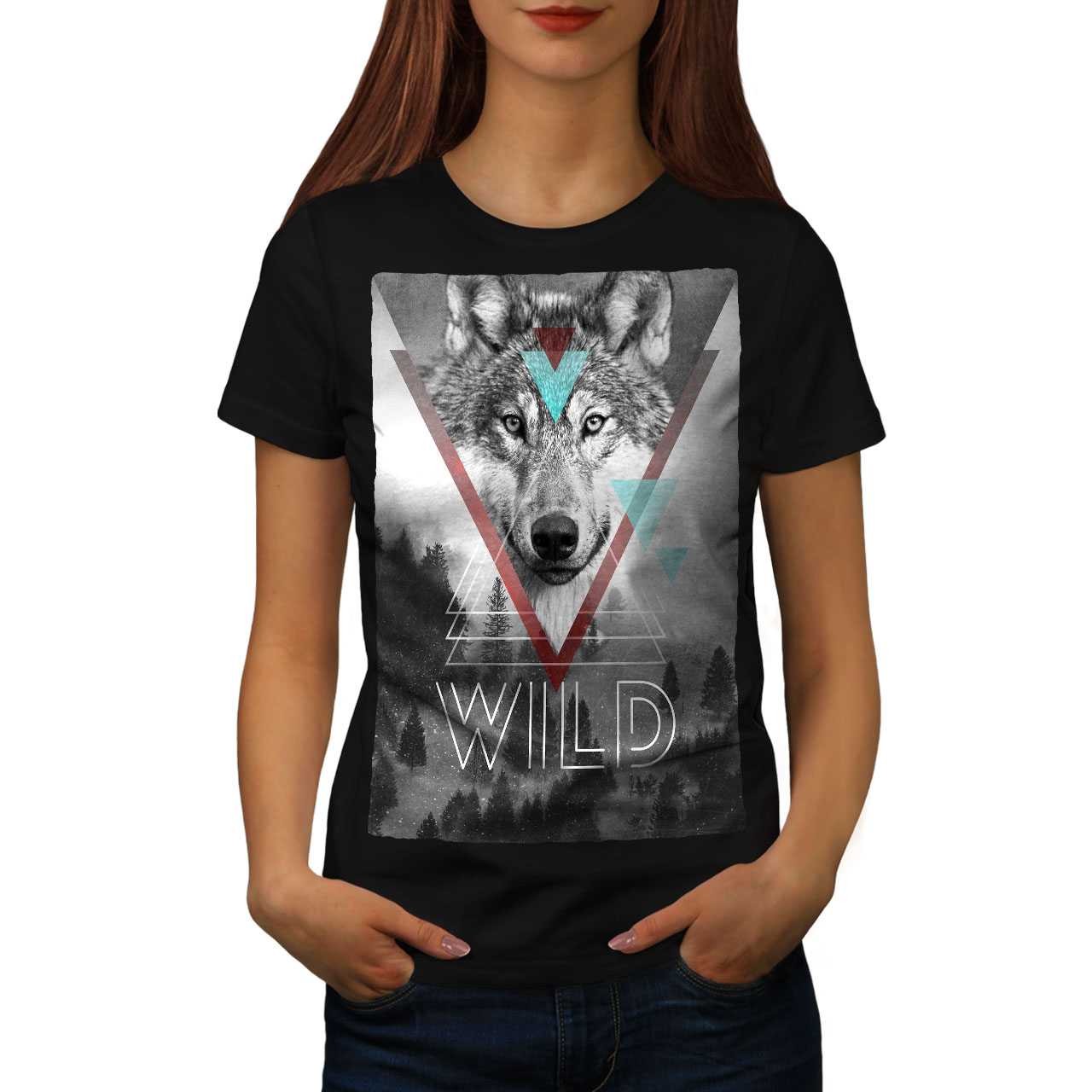 Wellcoda Wolf Head In Forest Womens T-shirt, Wildlife Casual Design ...
